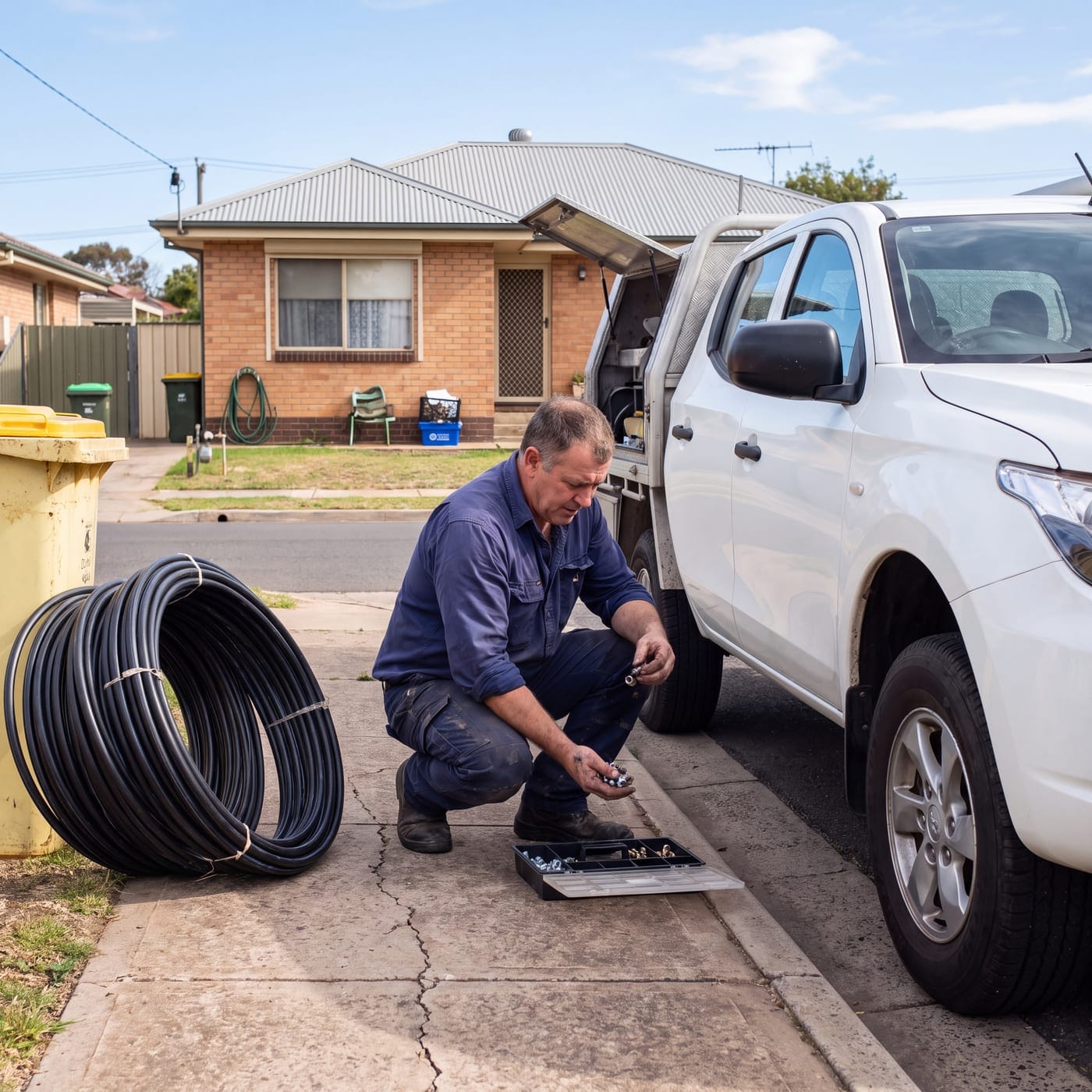 Tradesperson crouched beside a ute with a coil of black pipe on the verge
