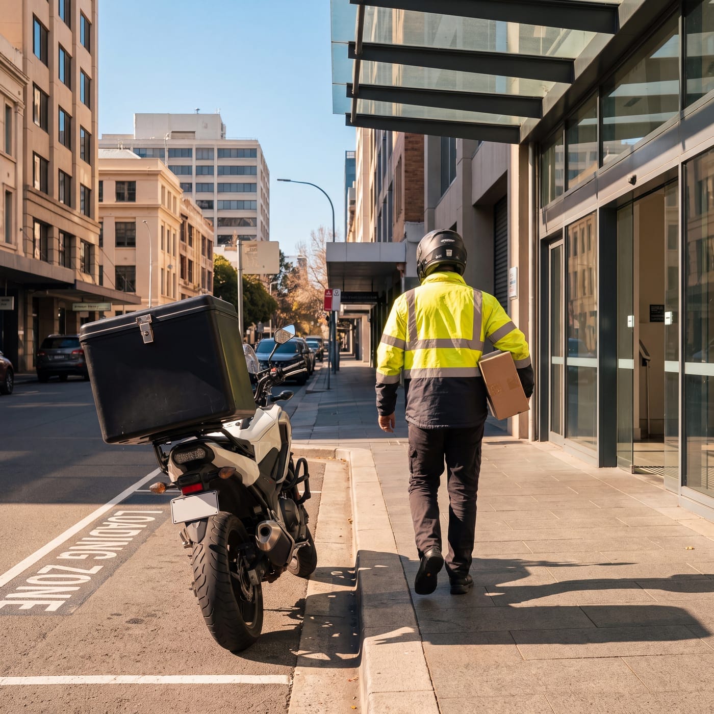 Courier in hi-vis carrying a parcel from a scooter with a top box on a city street