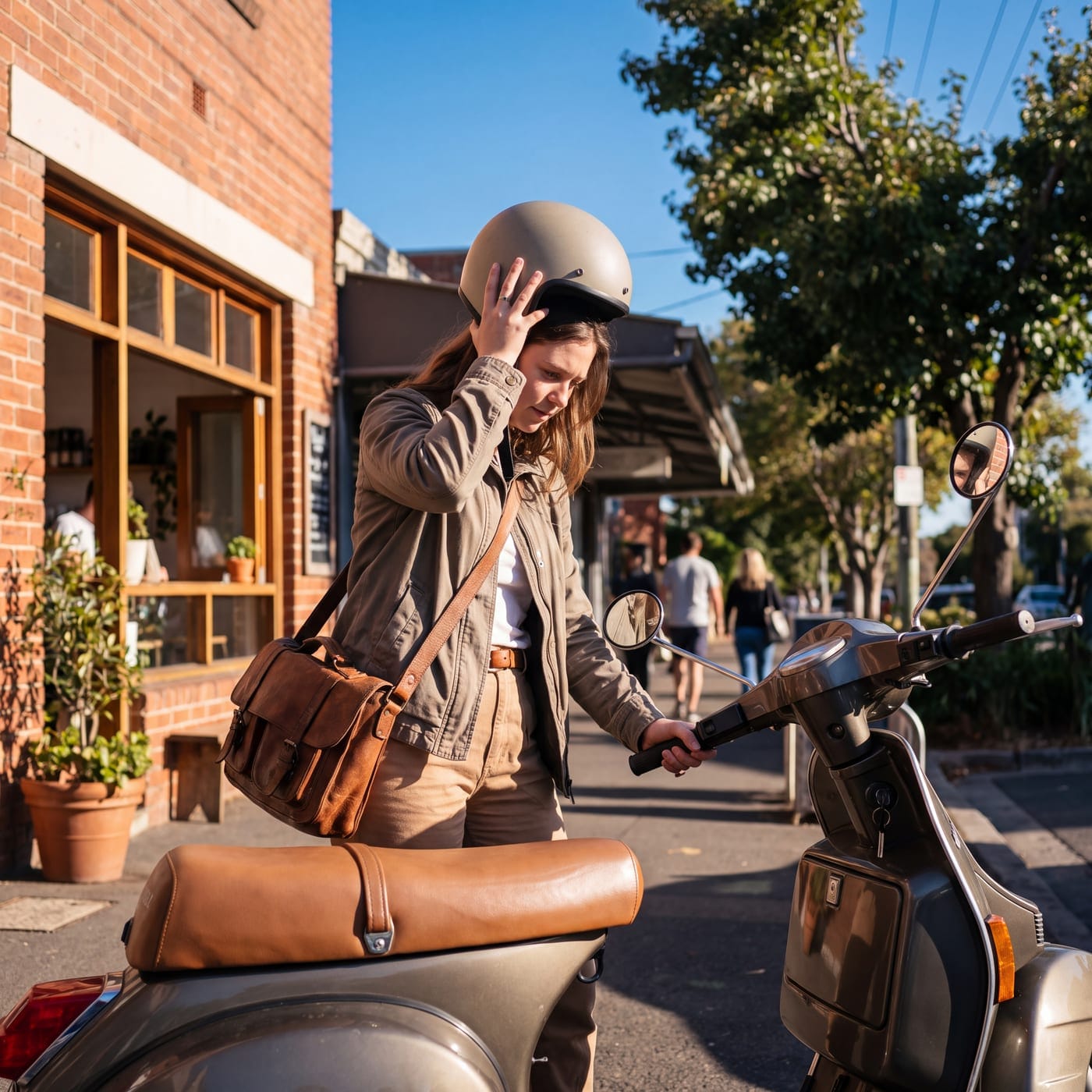 Woman with a satchel putting on a helmet beside a scooter outside a cafe