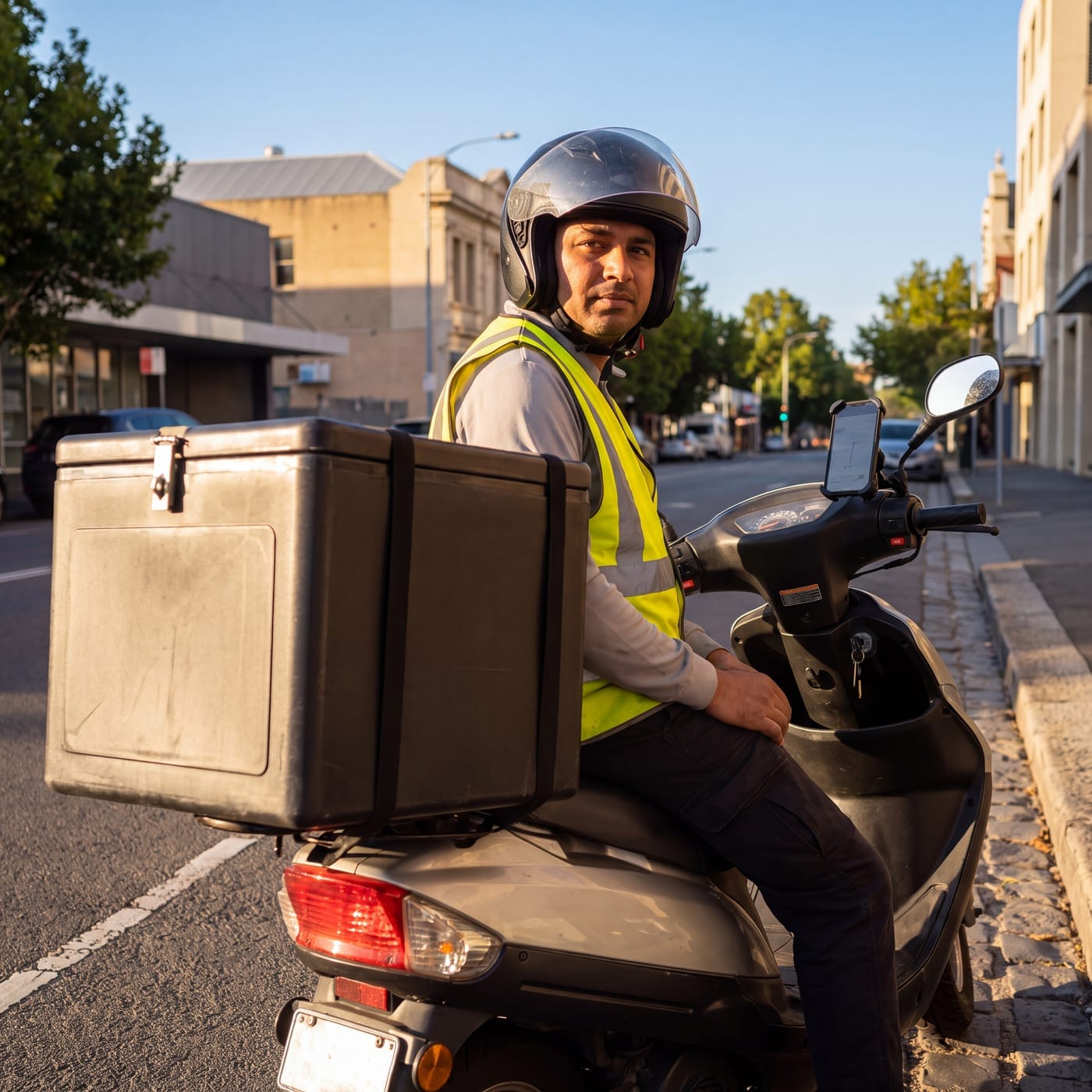 Delivery rider in hi-vis on a scooter fitted with a large top box