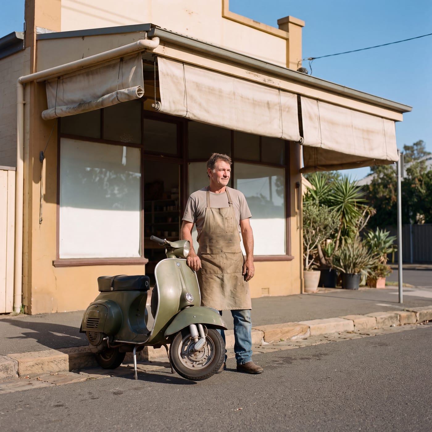Shop owner in an apron standing beside a vintage scooter outside a corner shop