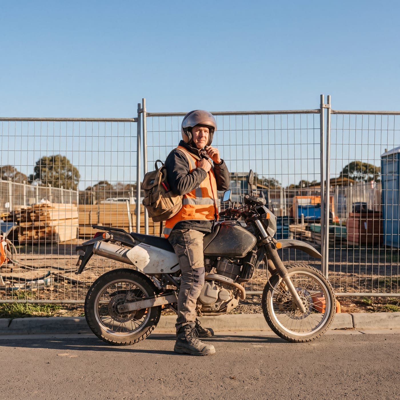Worker in hi-vis fastening a helmet on a dirt bike beside a fenced building site