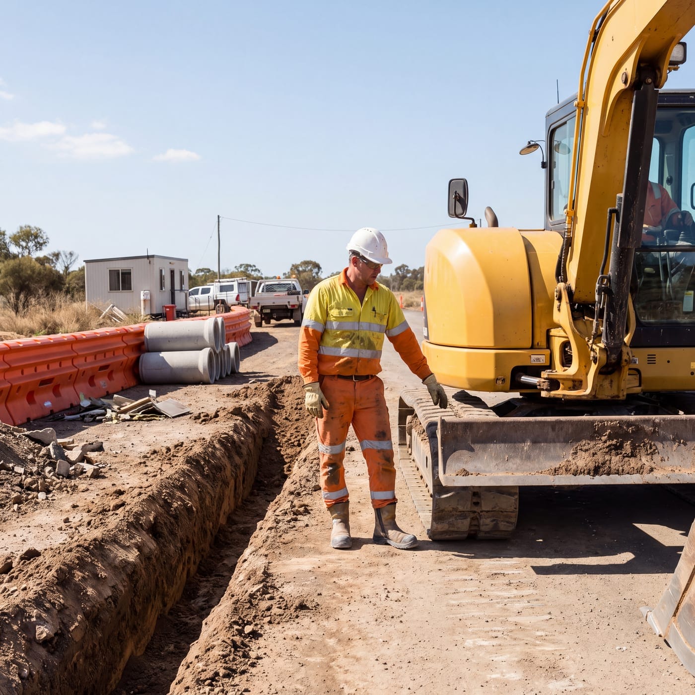 Worker in high-visibility clothing beside an excavator at an open trench lined with pipe sections