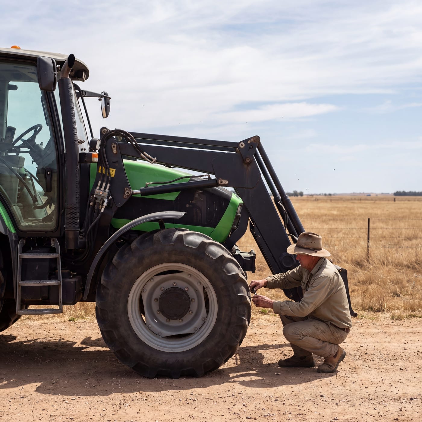 Farmer crouched at the front wheel of a tractor in a dry paddock