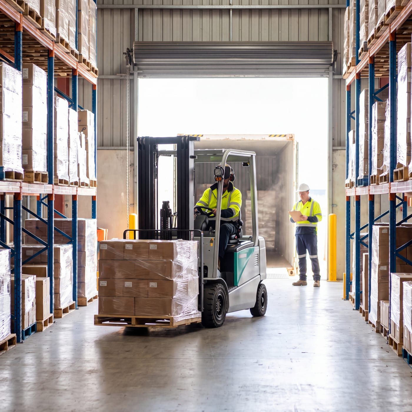 Forklift operator moving a pallet down a warehouse aisle with a colleague directing