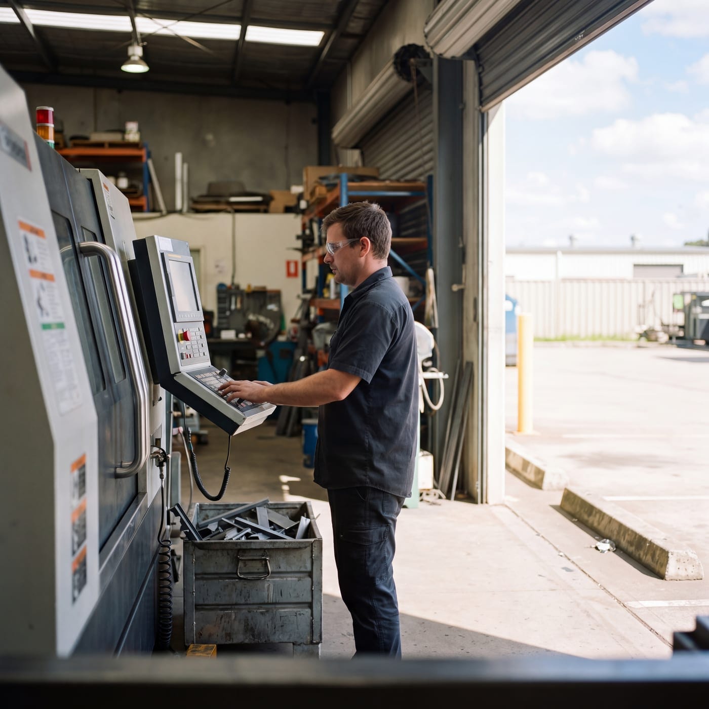 Machinist at the control panel of a workshop machine with an open toolbox nearby