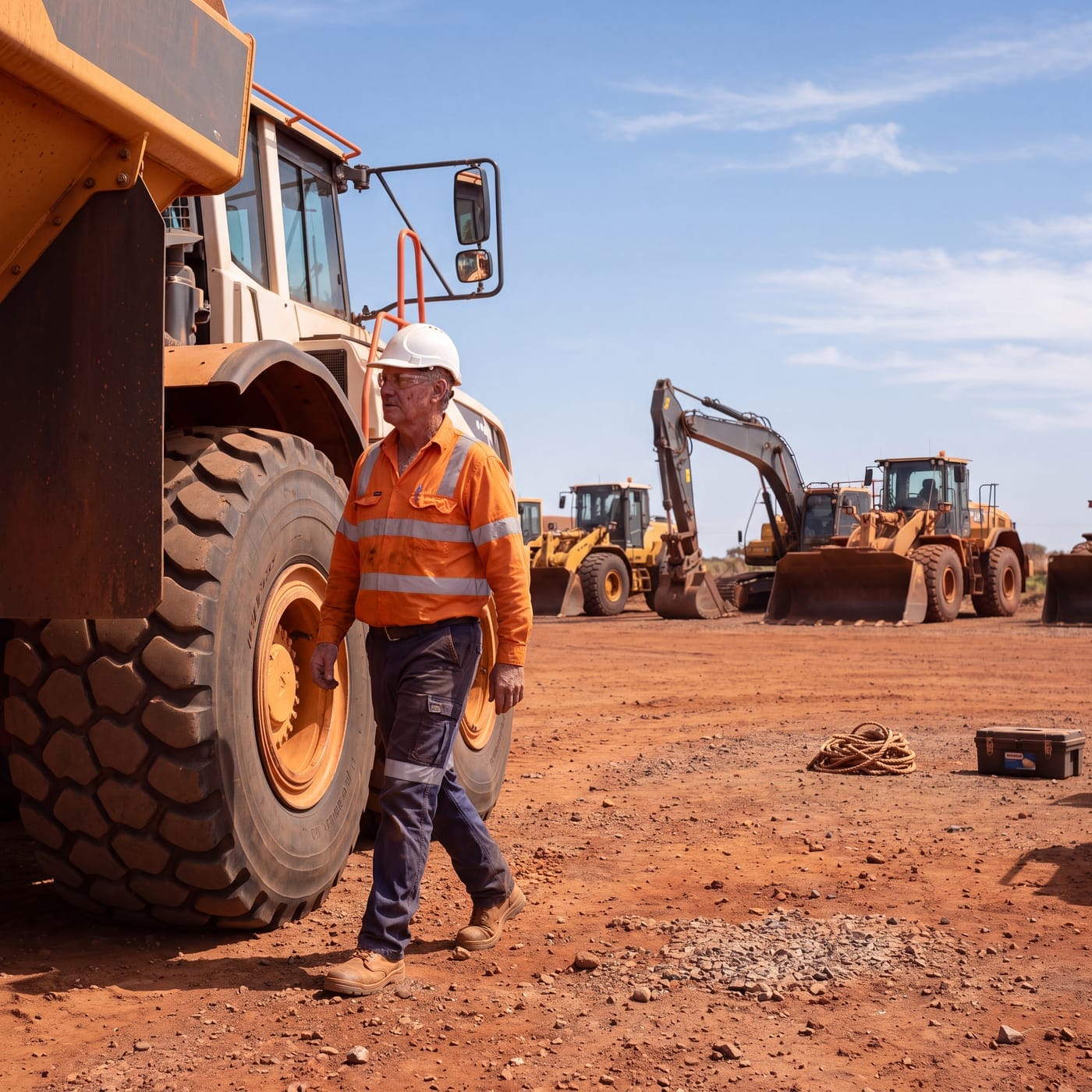 Worker in high-visibility clothing walking past a large wheeled loader on a red dirt site