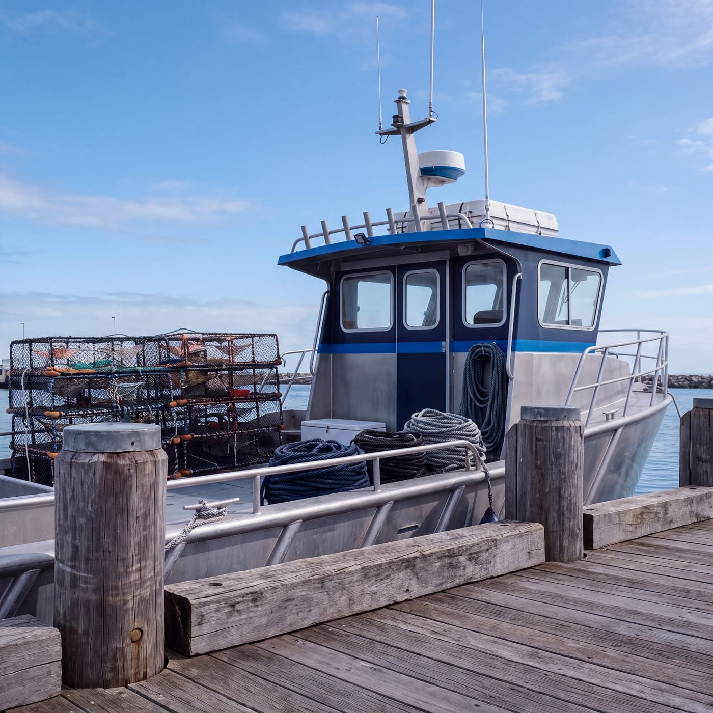 Commercial fishing vessel moored at a timber wharf with stacked craypots