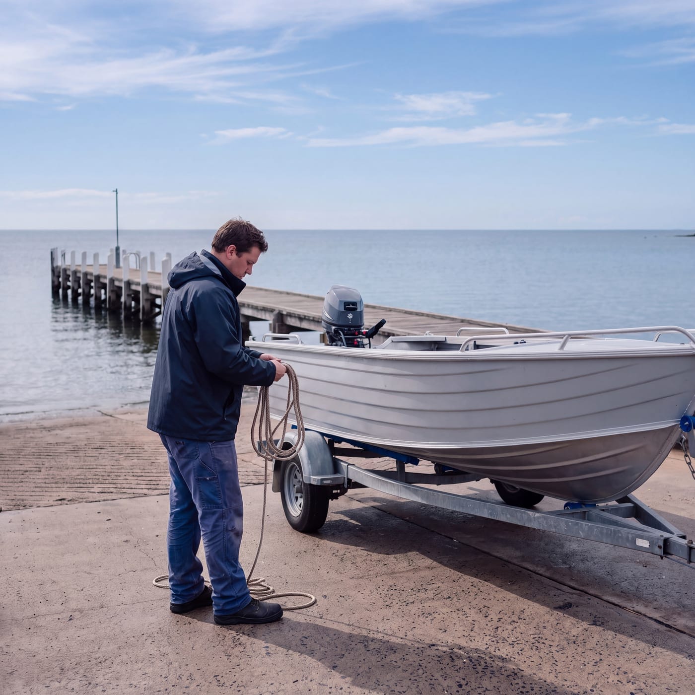 Person coiling rope beside a small aluminium boat on a trailer at a boat ramp