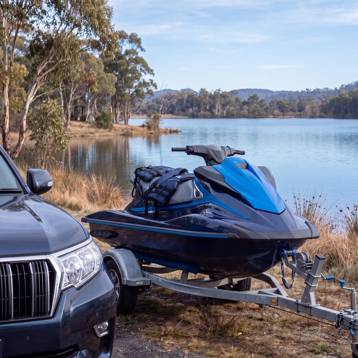 Personal watercraft on a trailer behind a four wheel drive at a misty lake