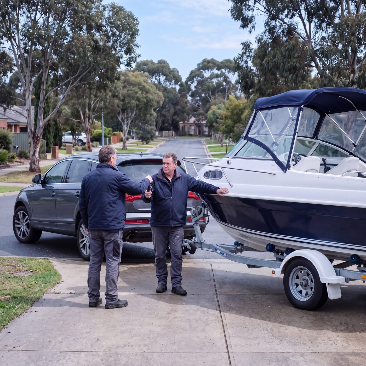 Two people shaking hands beside a boat on a trailer in a driveway