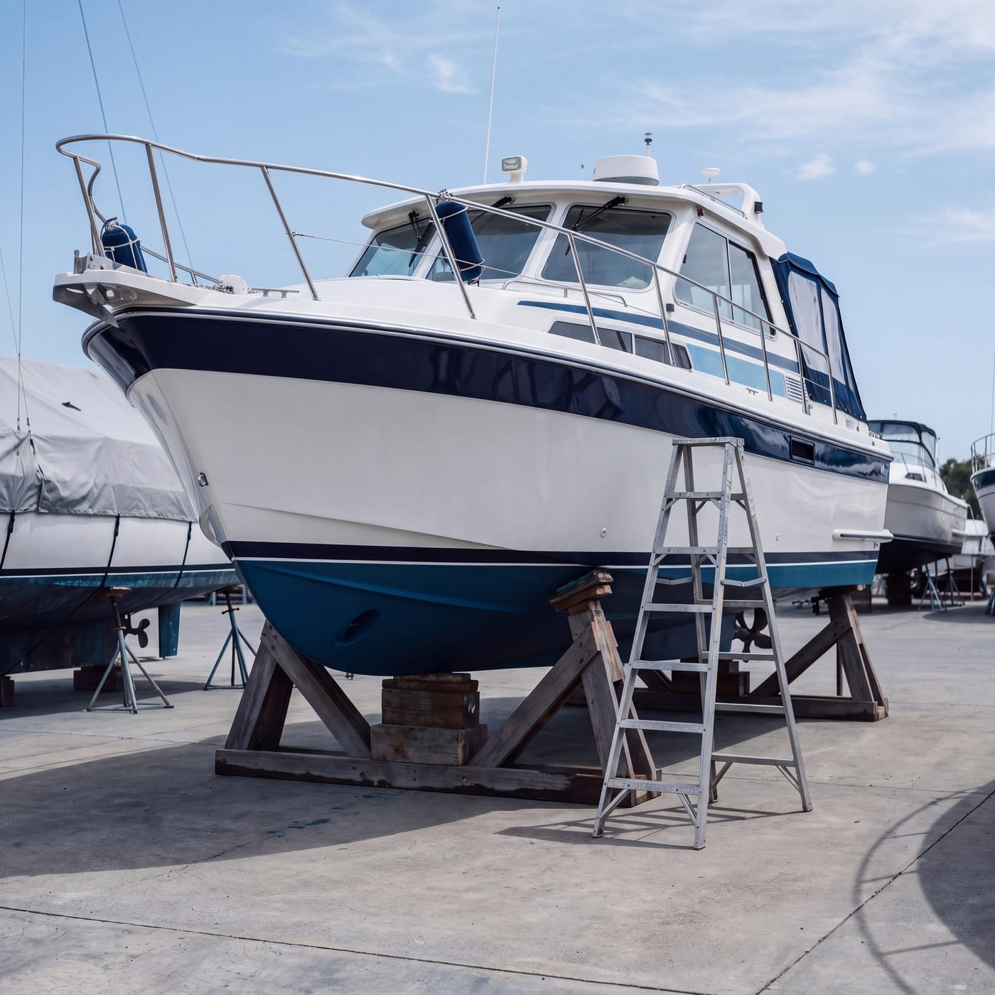 Cabin cruiser up on stands in a boatyard with a ladder against the hull