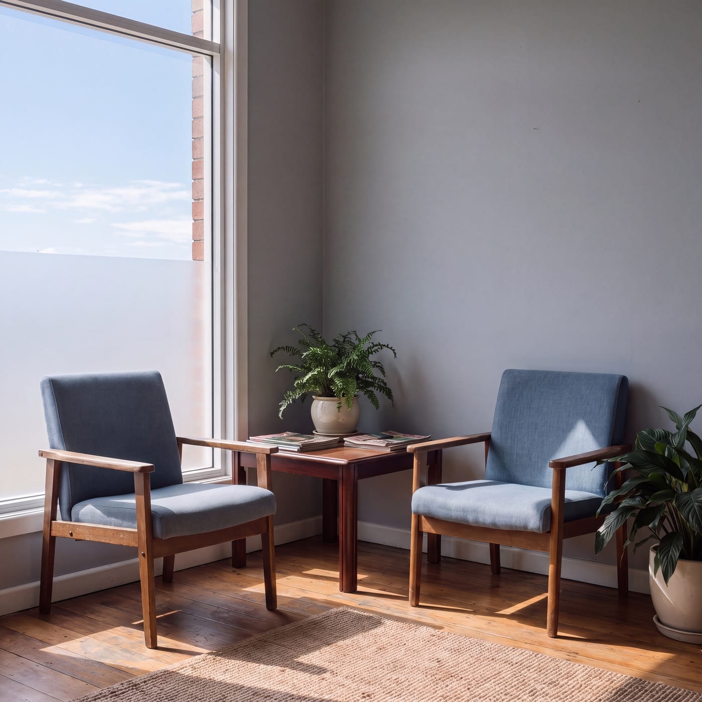 Clinic waiting area with two armchairs, a side table and a pot plant