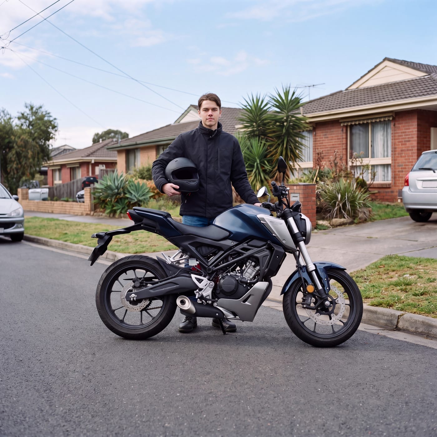 Rider holding a helmet behind a small naked motorbike in a suburban driveway