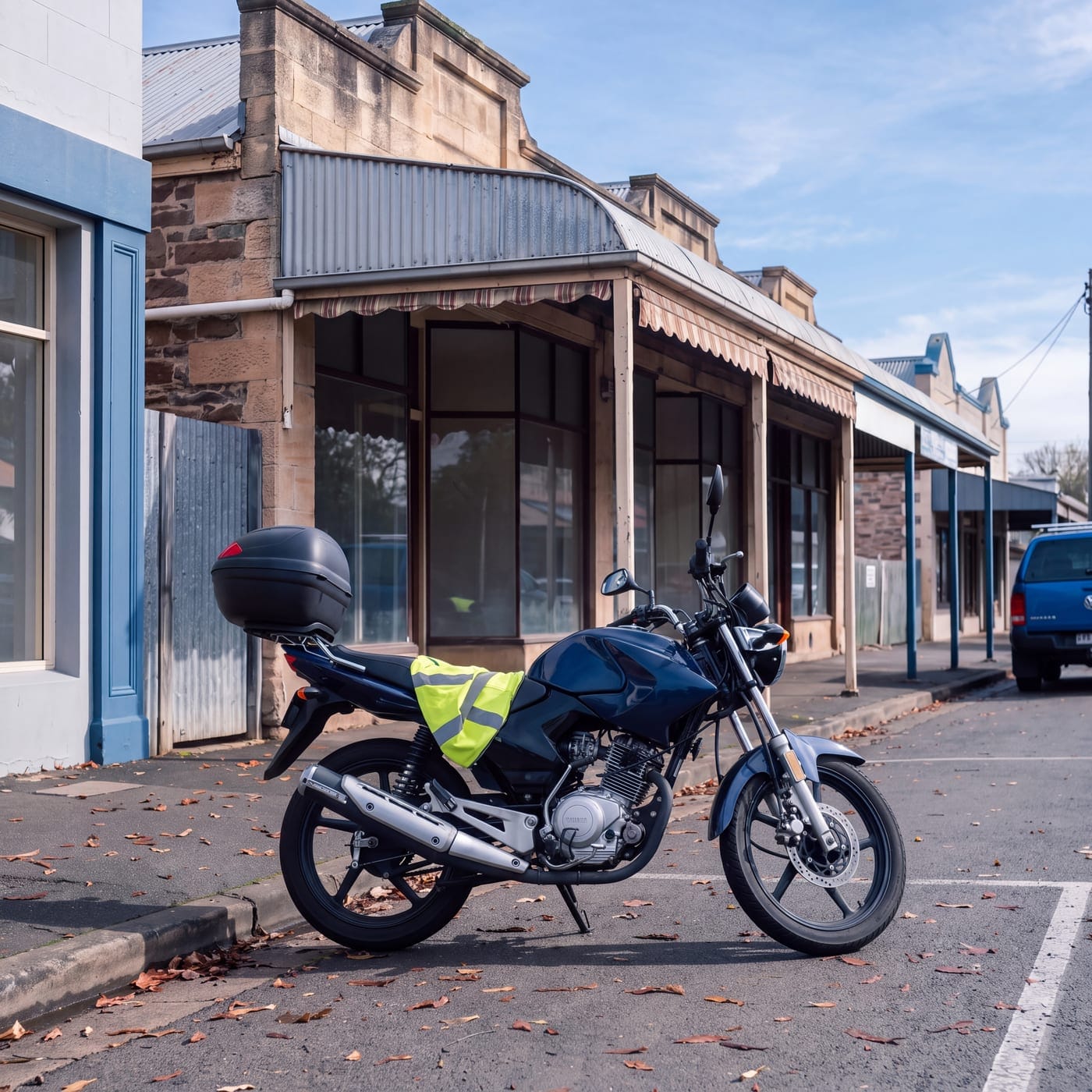 Commuter motorbike with a top box and a hi-vis vest parked outside shops