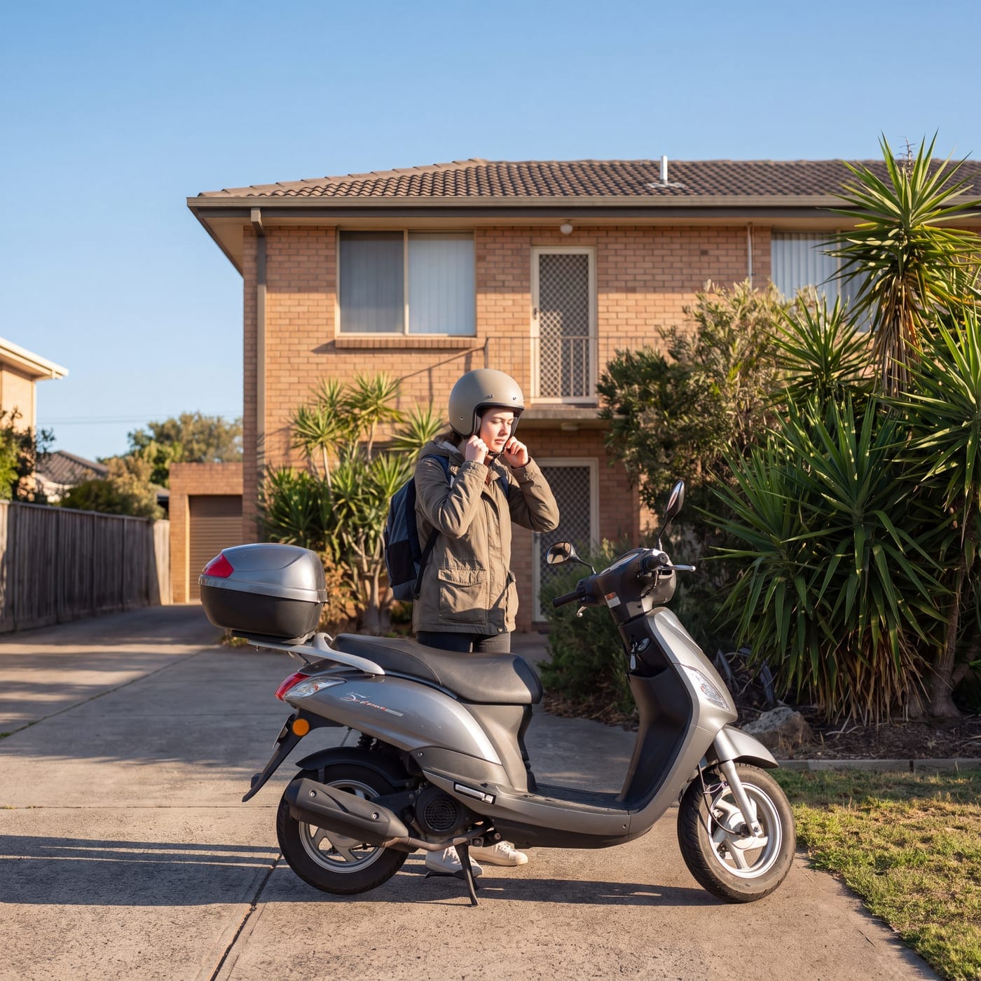 Rider fastening a helmet beside a scooter on a suburban footpath
