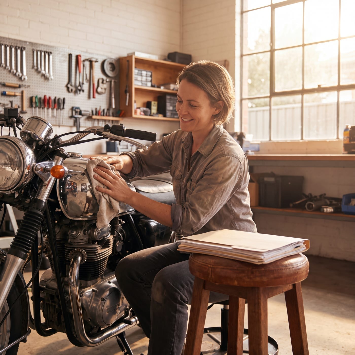 Woman polishing a motorbike in a home workshop with a folder of paperwork beside her