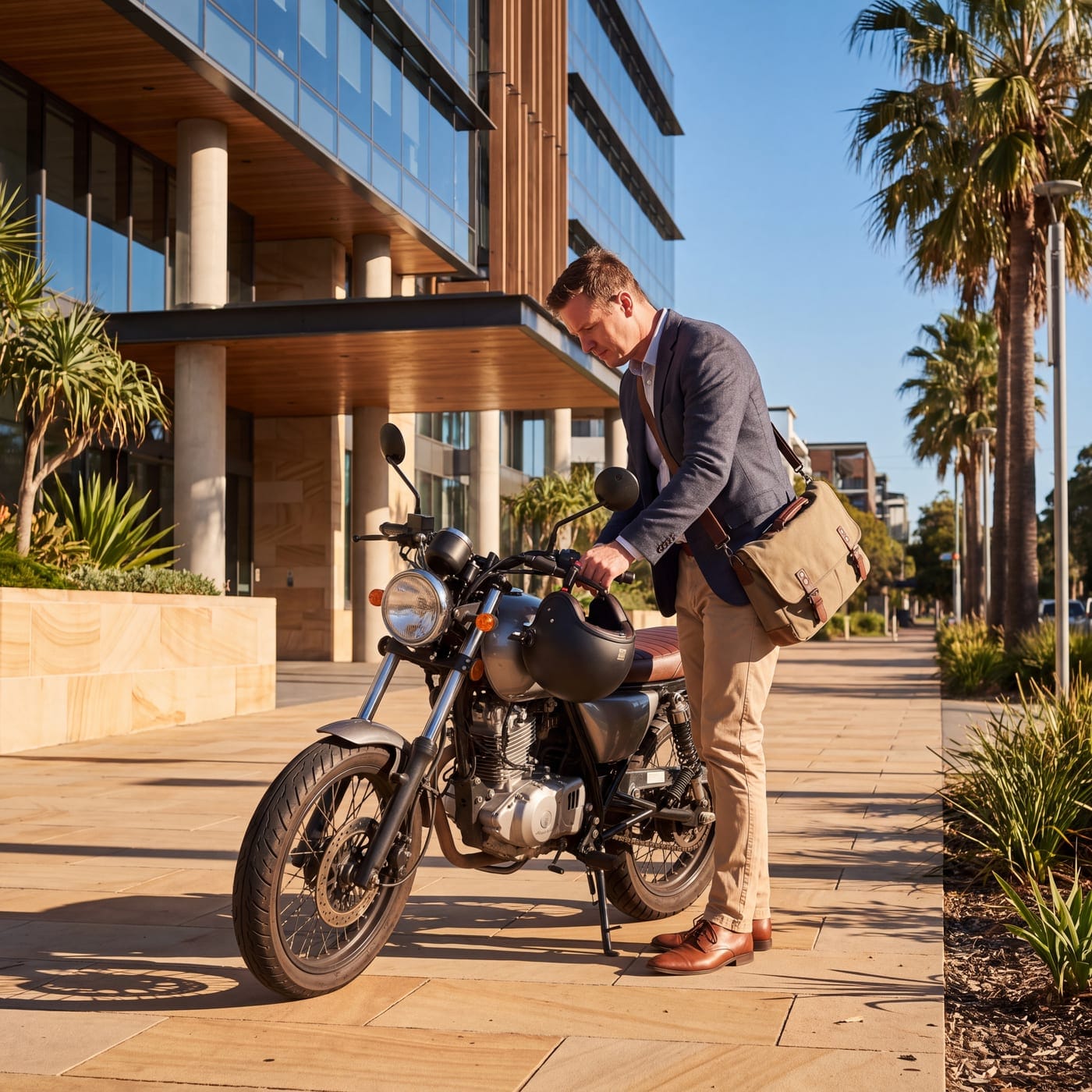Man in a blazer with a satchel unlocking a motorbike outside an office building