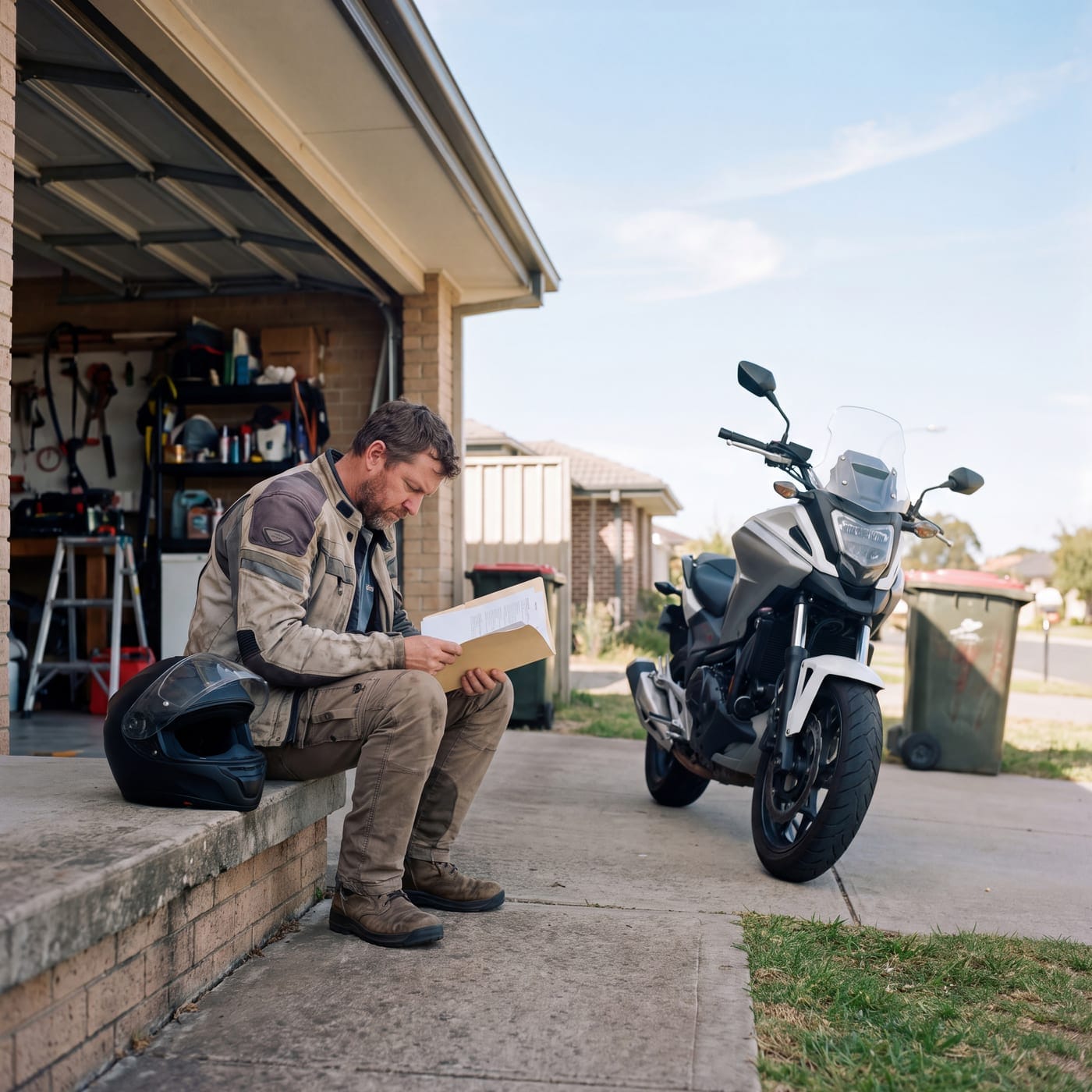 Rider sitting on a low wall reading paperwork beside a parked motorbike