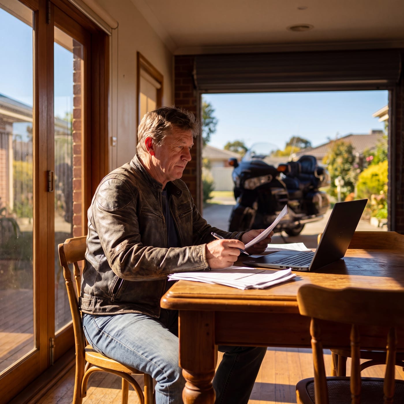 Man reviewing paperwork at a laptop on a verandah with a touring motorbike parked behind