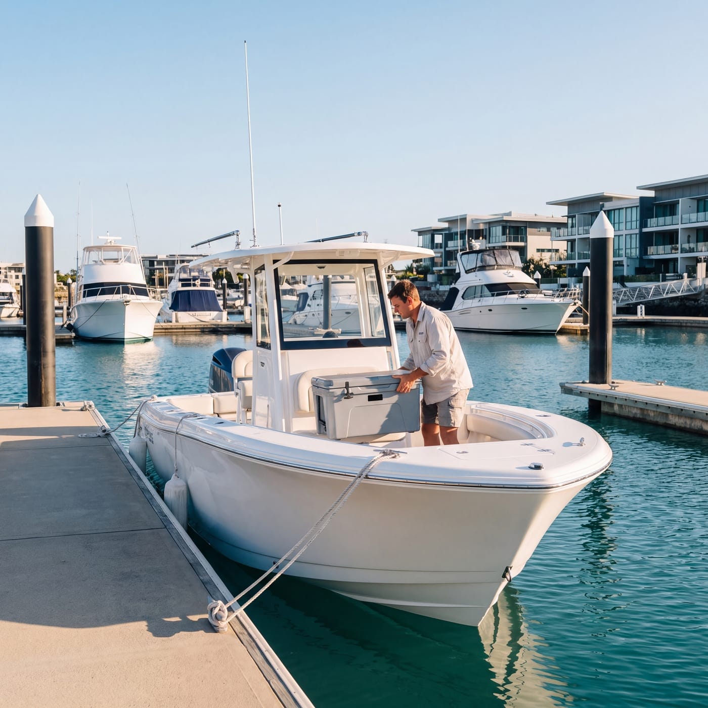 Man preparing a centre console boat at a marina berth