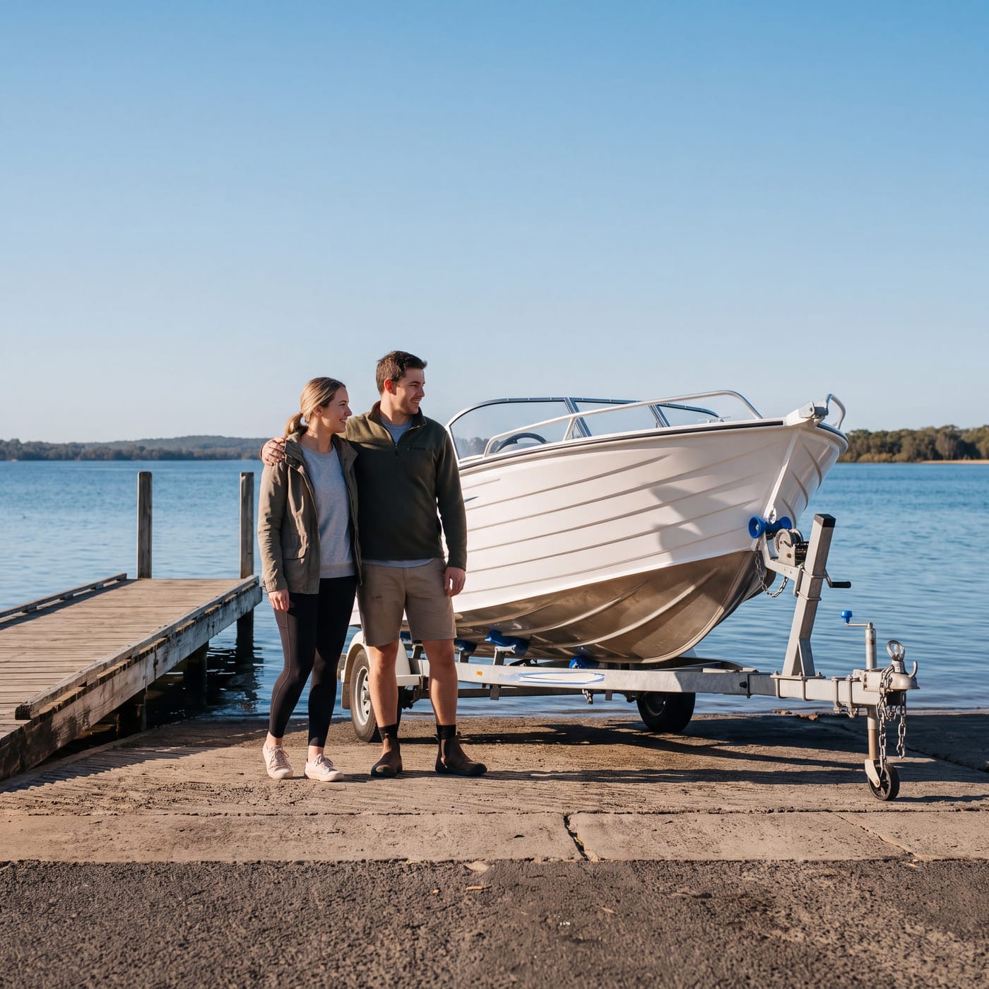 Couple standing beside a small aluminium boat on a trailer at a jetty