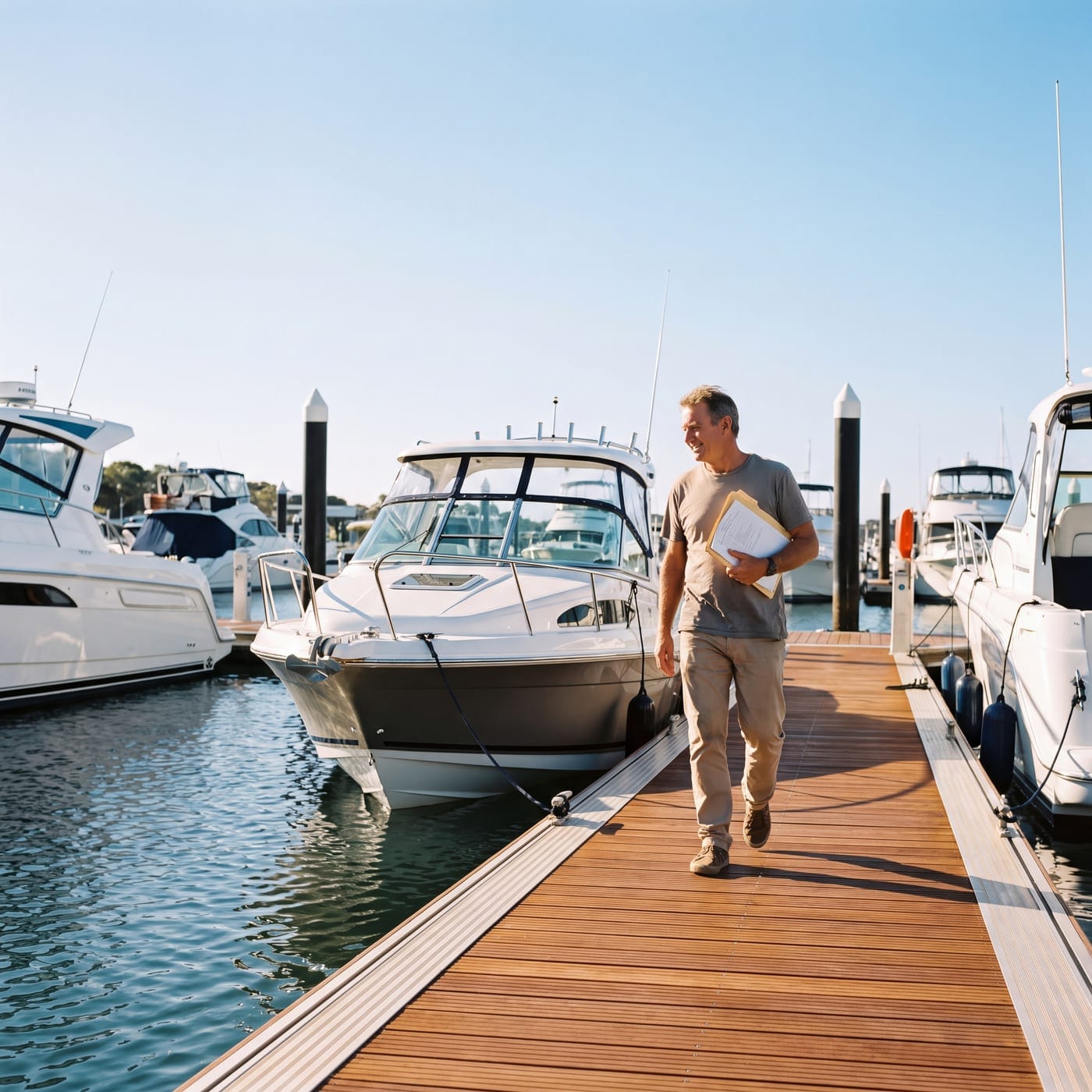 Man with a folder walking along a marina jetty past moored boats