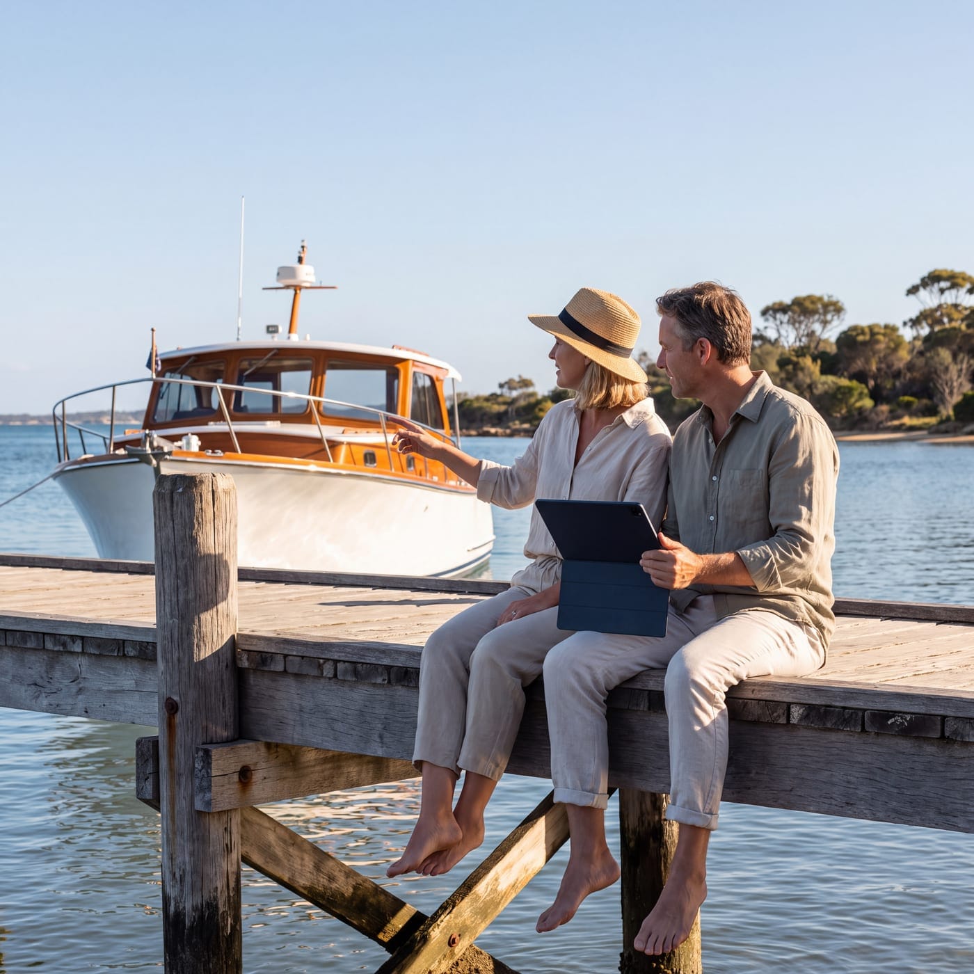 Couple sitting on the edge of a jetty looking at a tablet with a timber boat behind