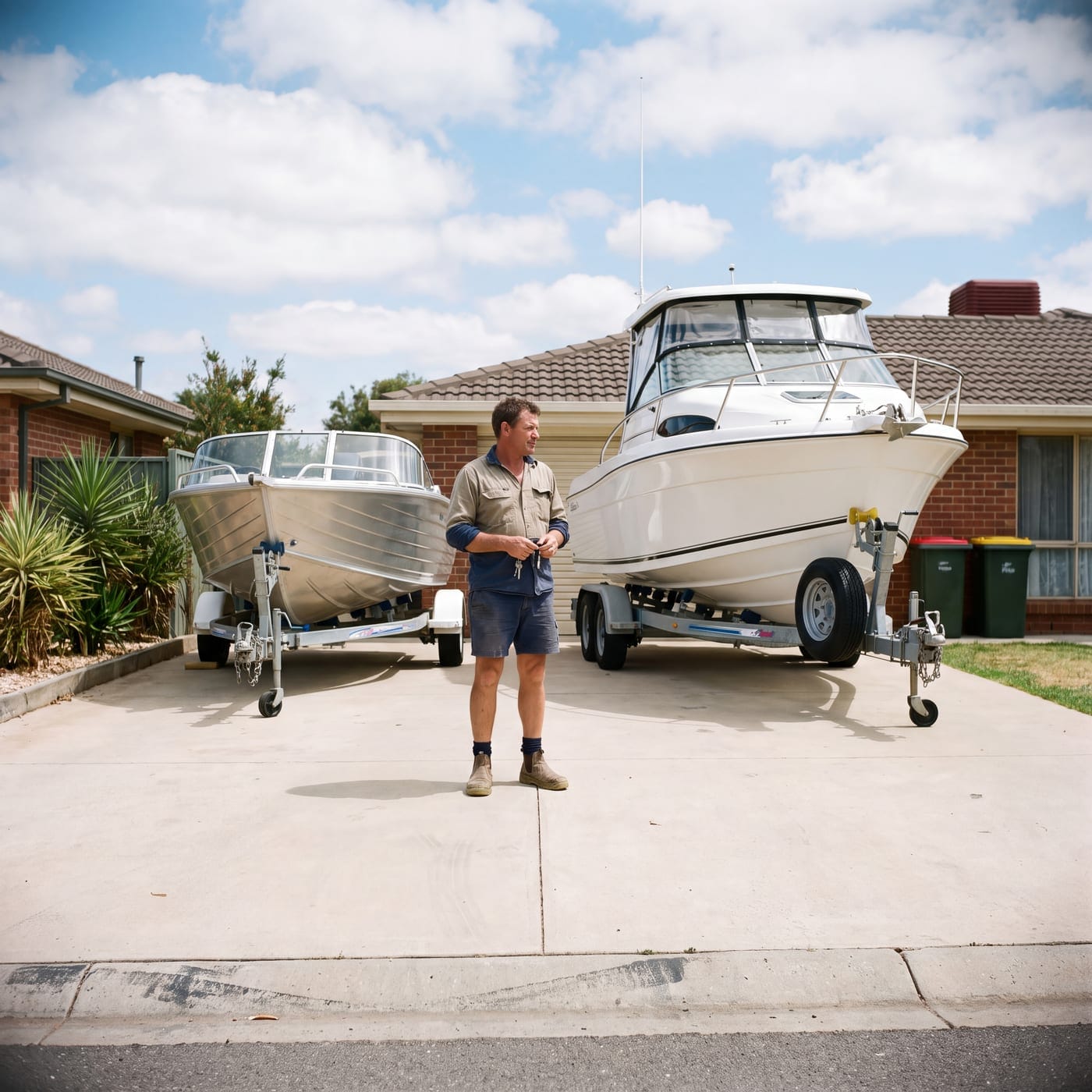 Man standing between two trailered boats in a suburban driveway