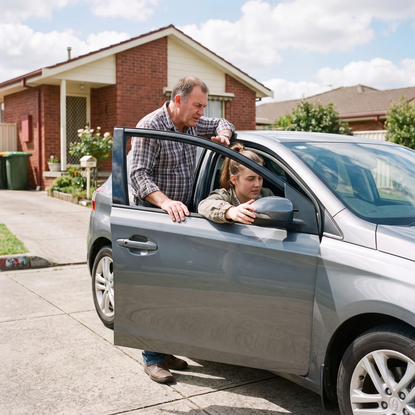 Older man leaning at the window of a small car talking to the young driver inside