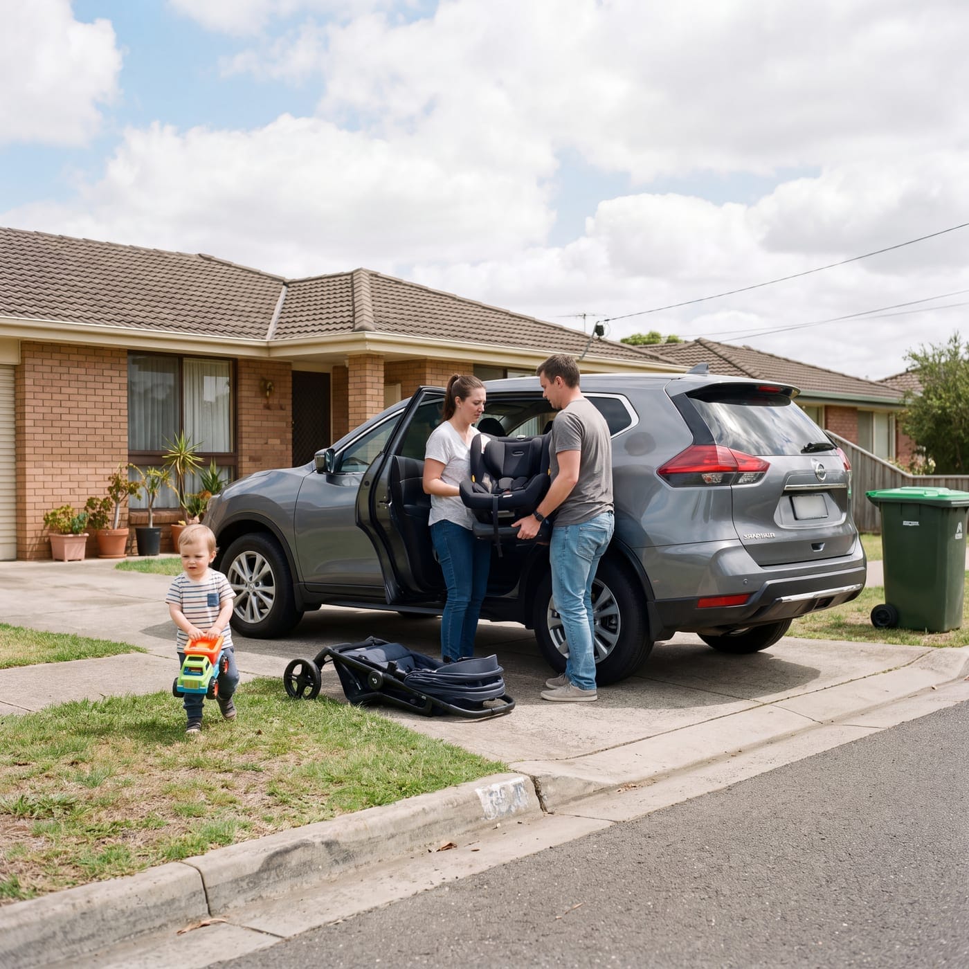 Parents fitting a child seat into an SUV in a driveway while a toddler plays on the footpath