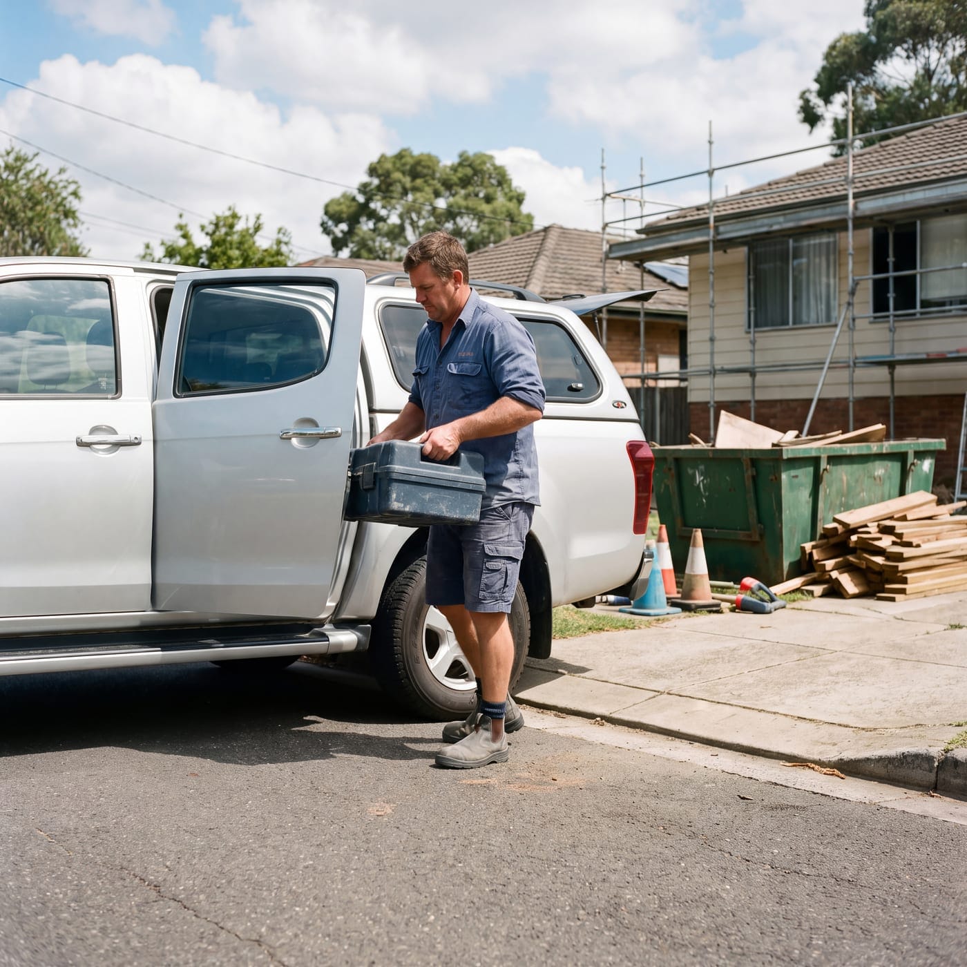 Tradesperson lifting a toolbox from a ute beside a house under renovation