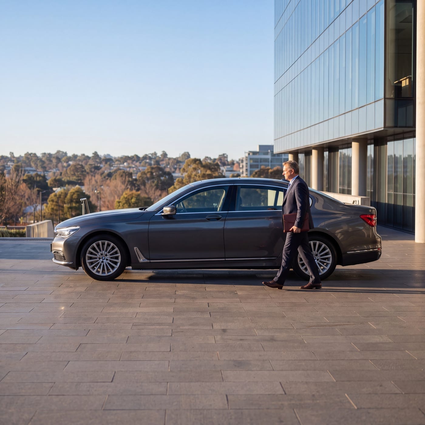 Man in a suit walking towards a dark sedan outside a glass office building