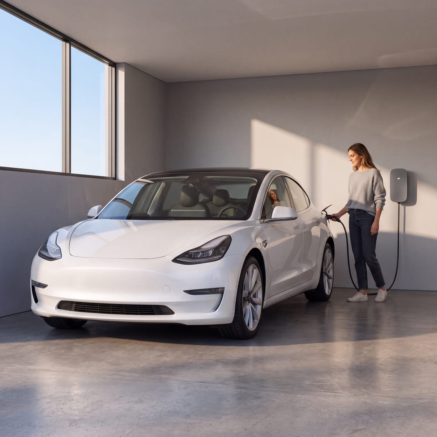 Woman plugging a charger into a white car inside a garage