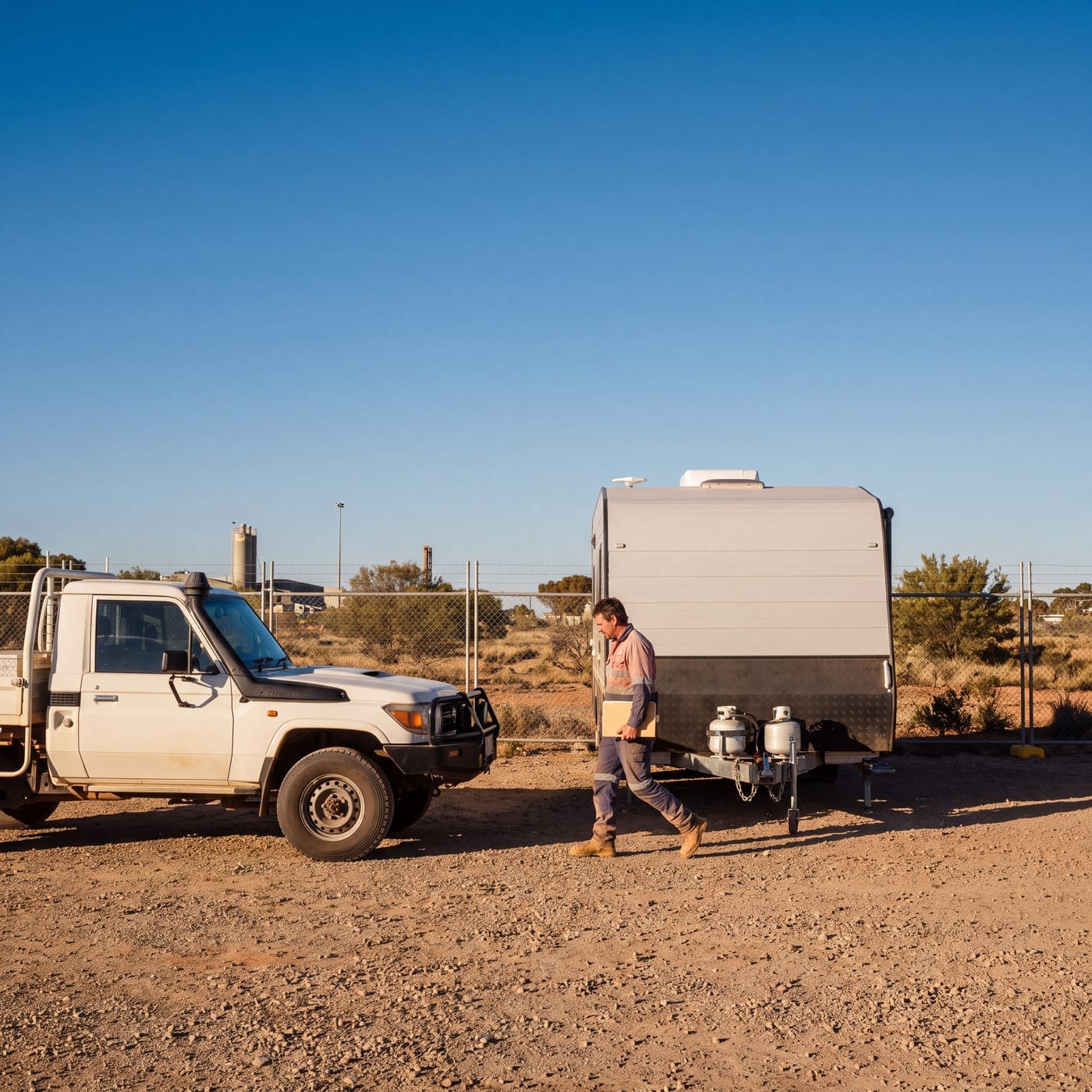 Person carrying a folder between a ute and a caravan in a dusty yard