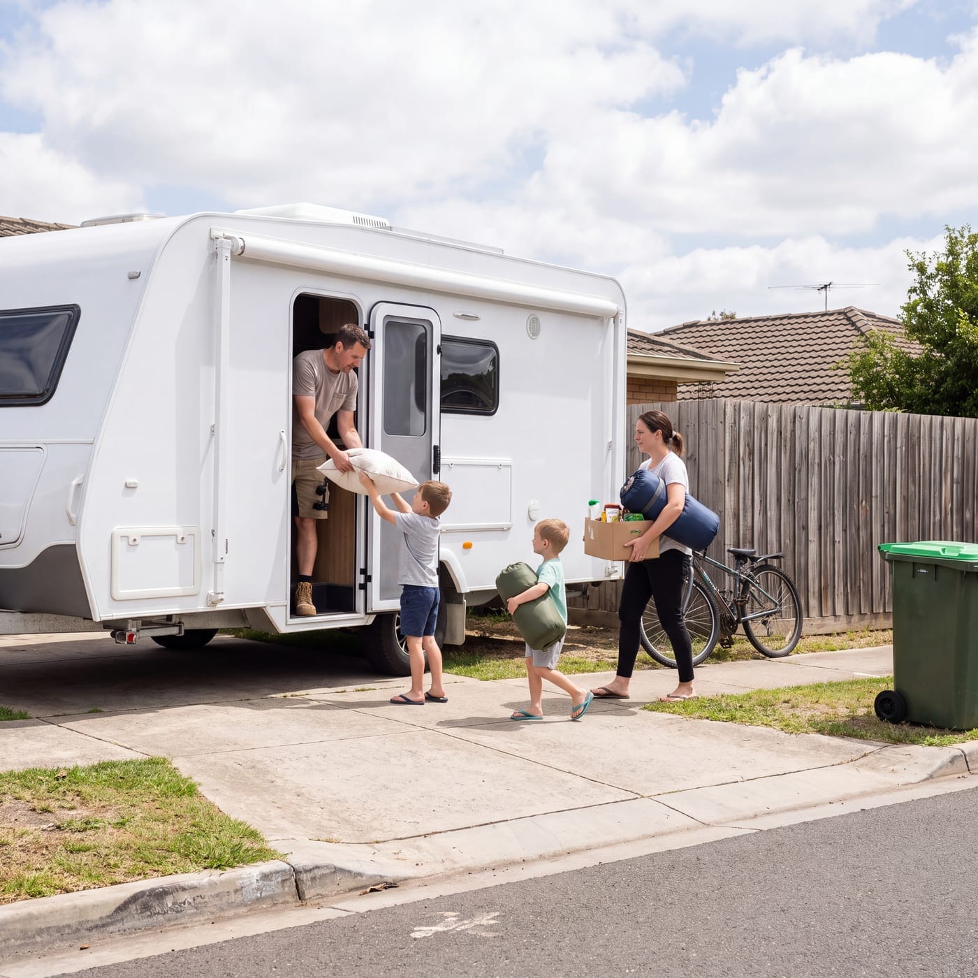 Family loading bedding and bags into a caravan parked at the kerb