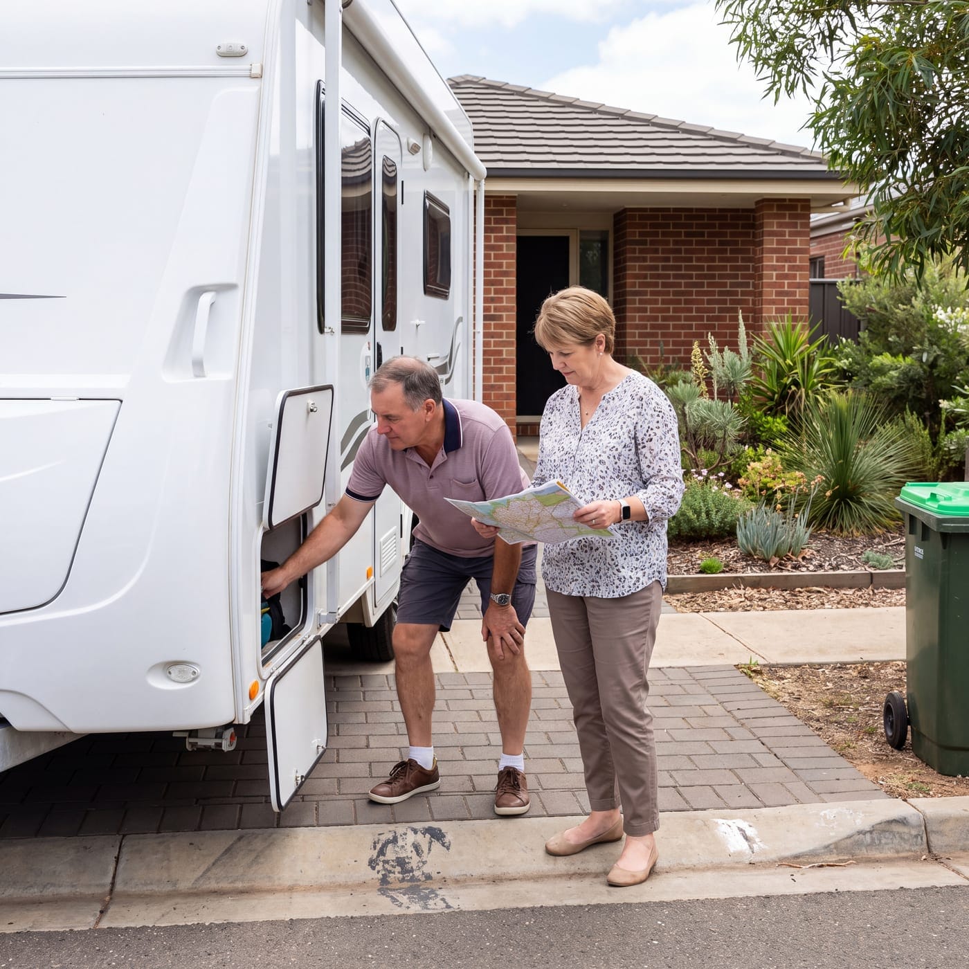 Couple looking over a checklist at the open door of a motorhome in a driveway