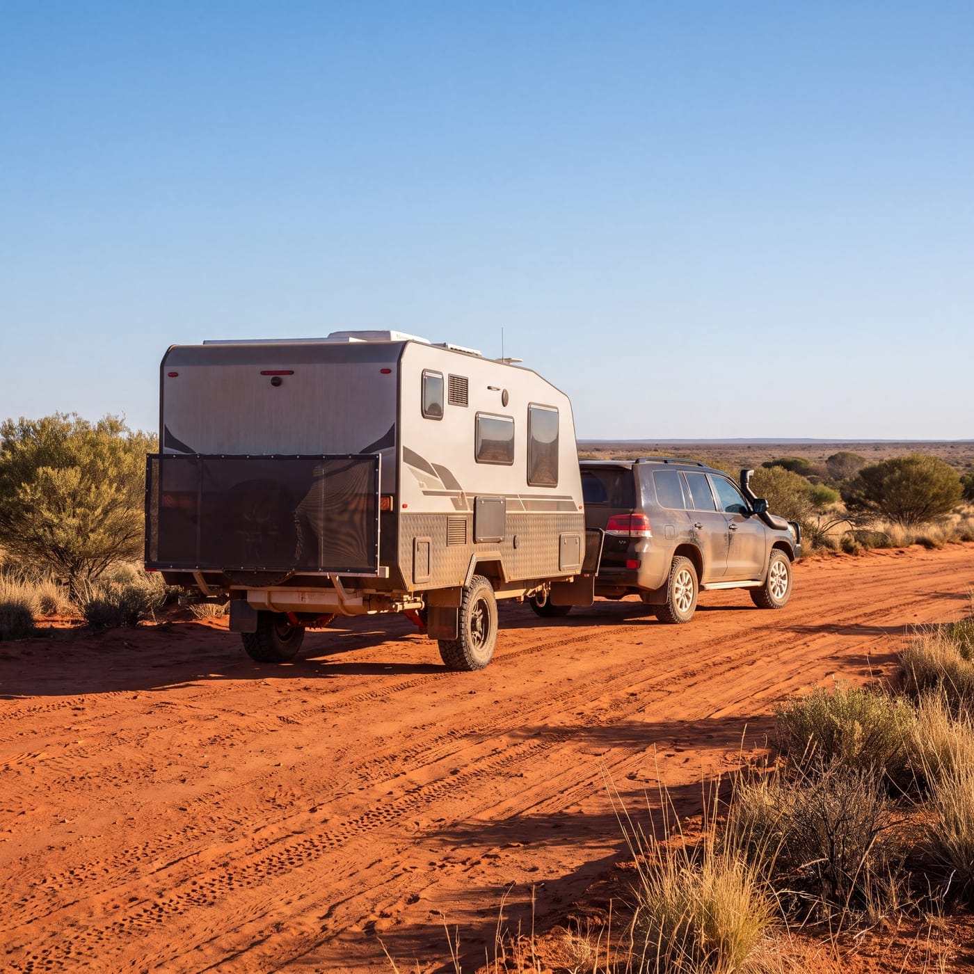 Four wheel drive towing an off-road caravan along a red dirt road
