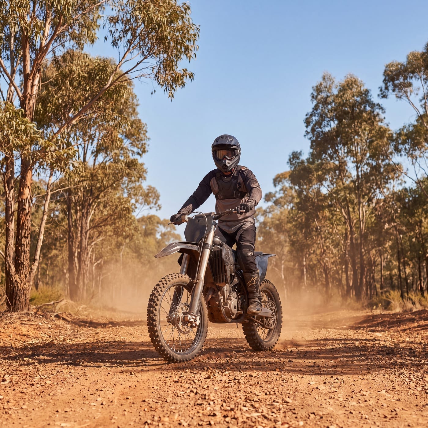Rider on a dirt bike kicking up dust on a bush track