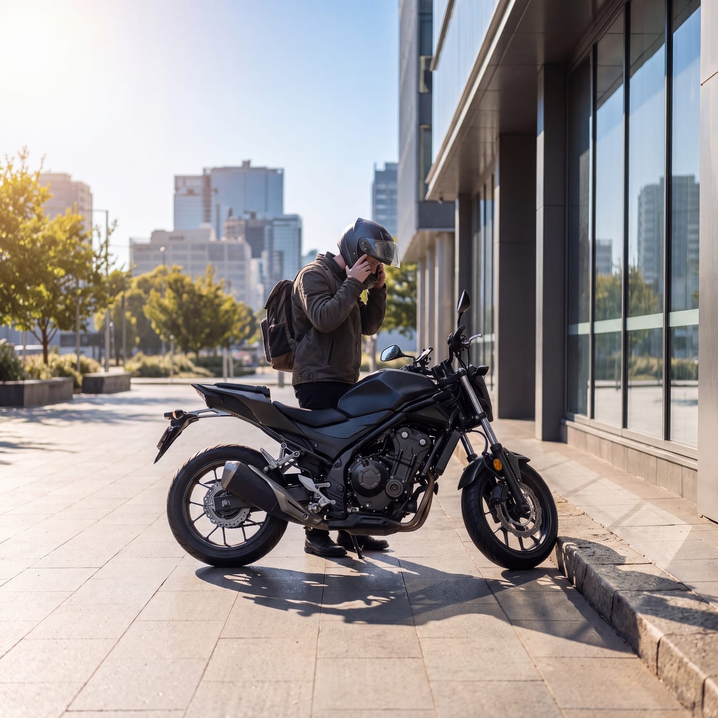 Commuter putting on a helmet beside a motorbike on a city footpath
