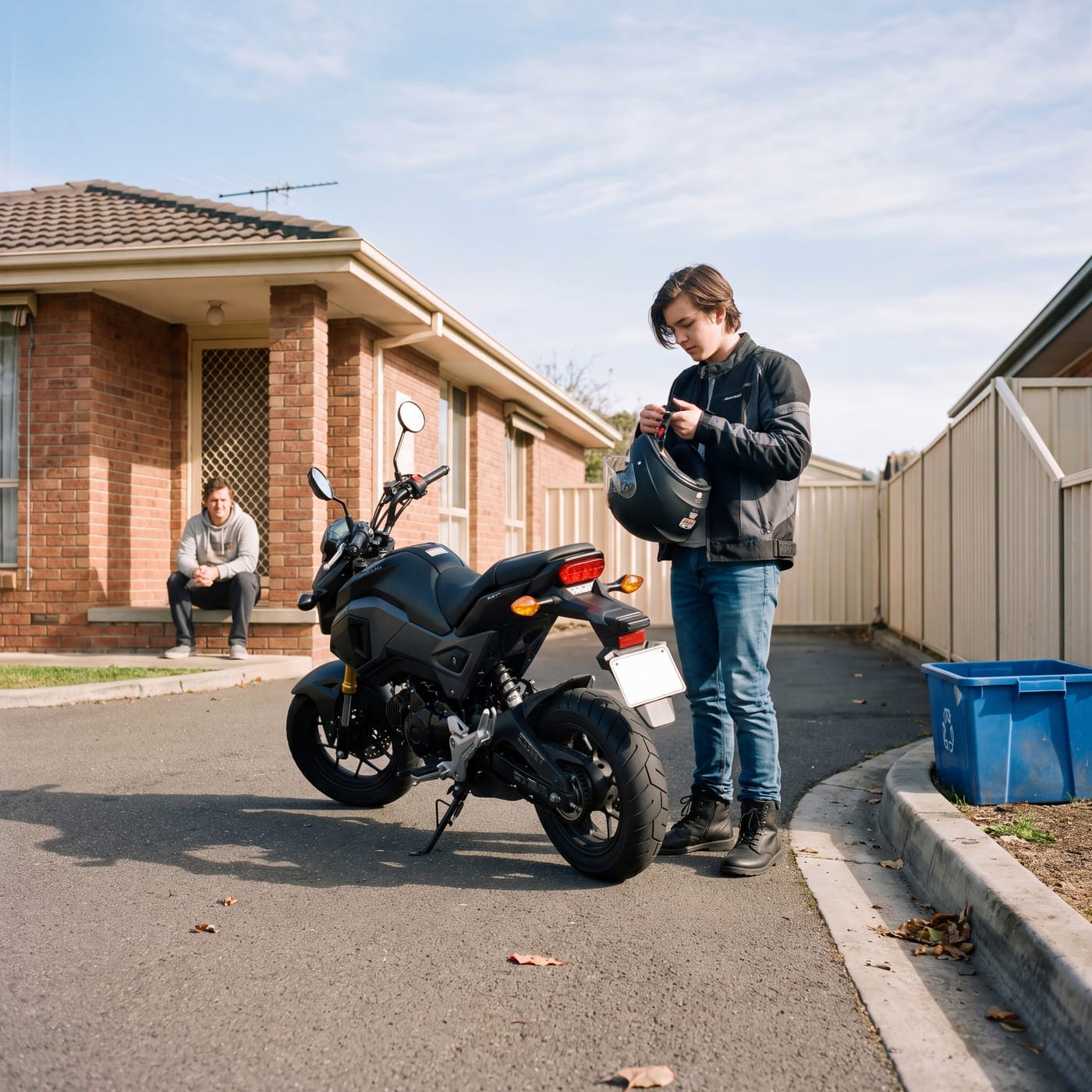 Young rider holding a helmet beside a motorbike parked in a driveway