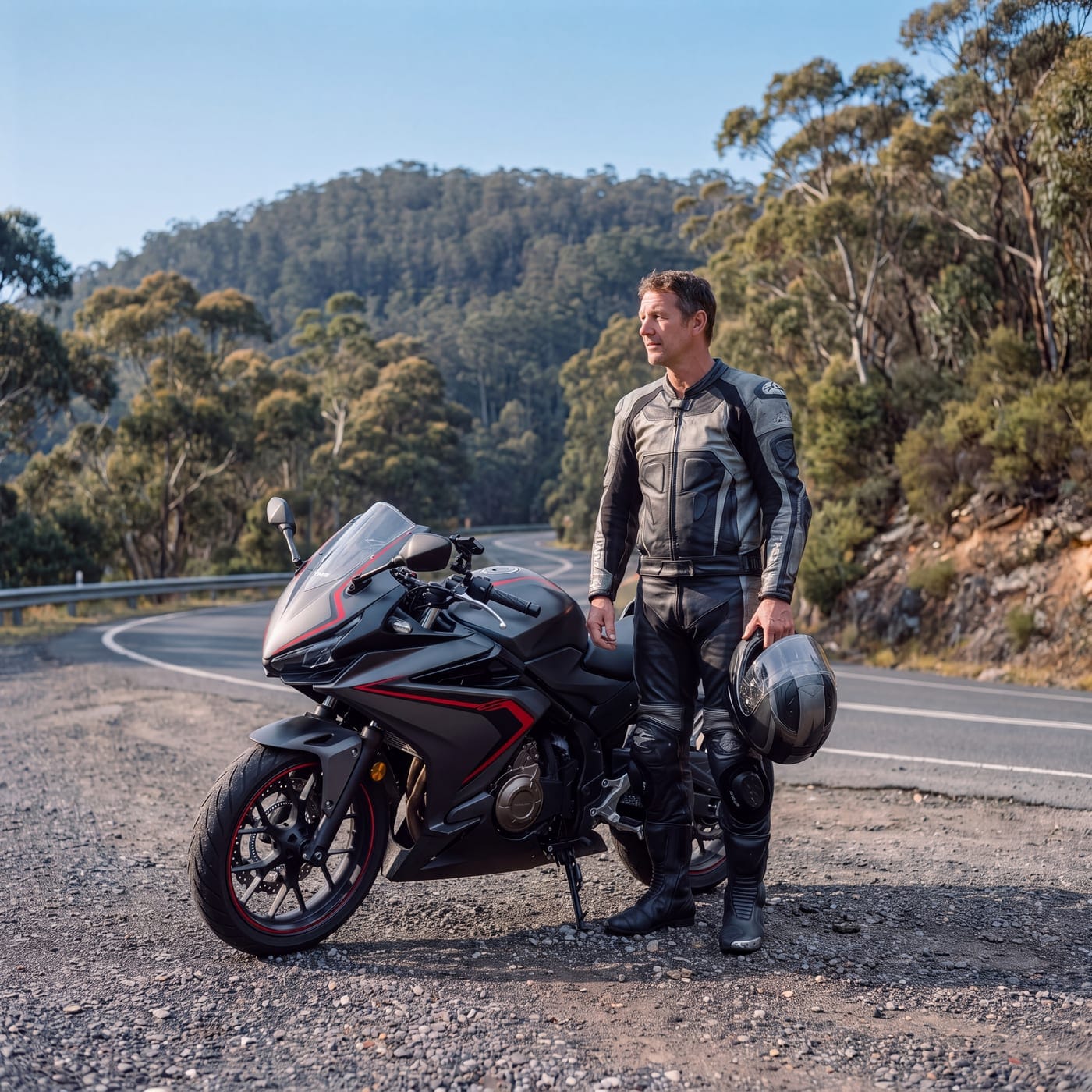 Rider in leathers standing beside a sports bike on a winding hill road