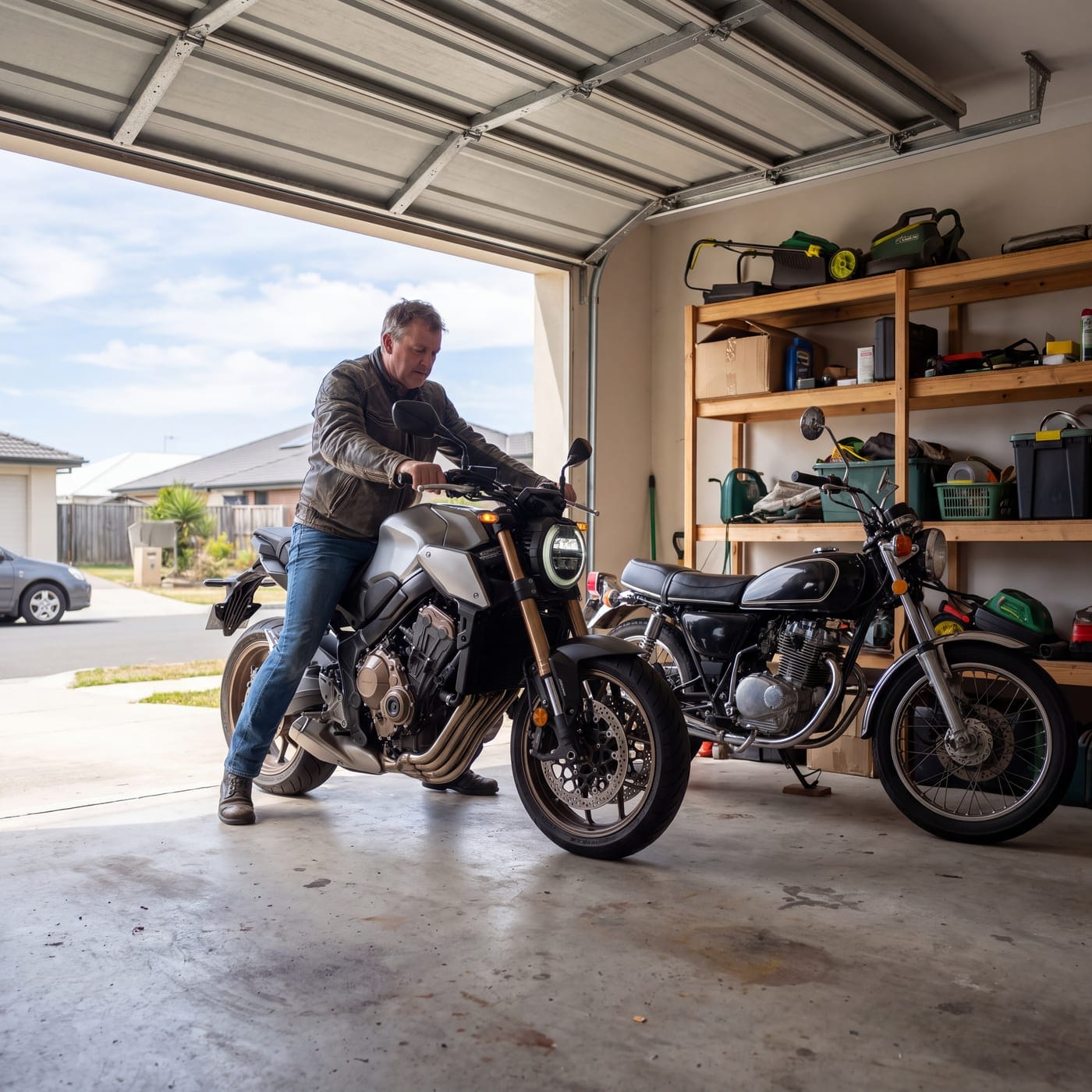 Rider sitting astride a motorbike in a garage with a second bike alongside
