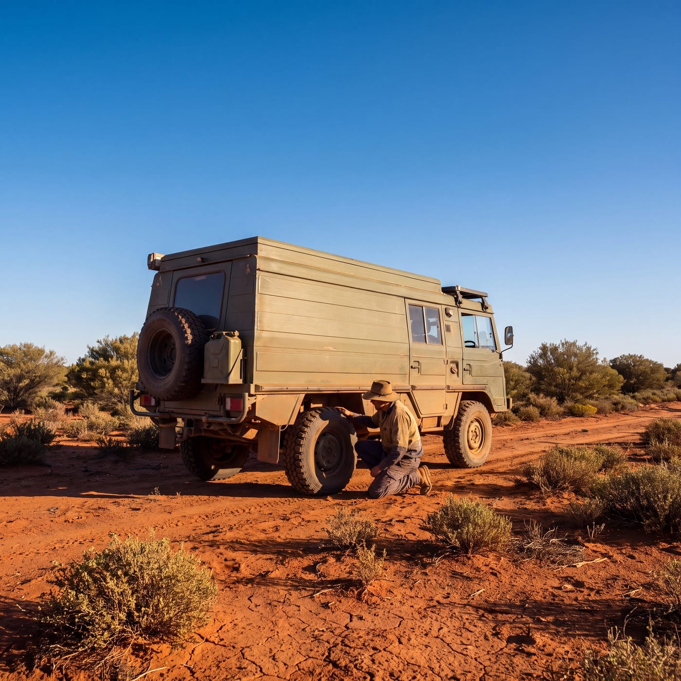 Person checking a tyre on an expedition truck parked on red outback sand