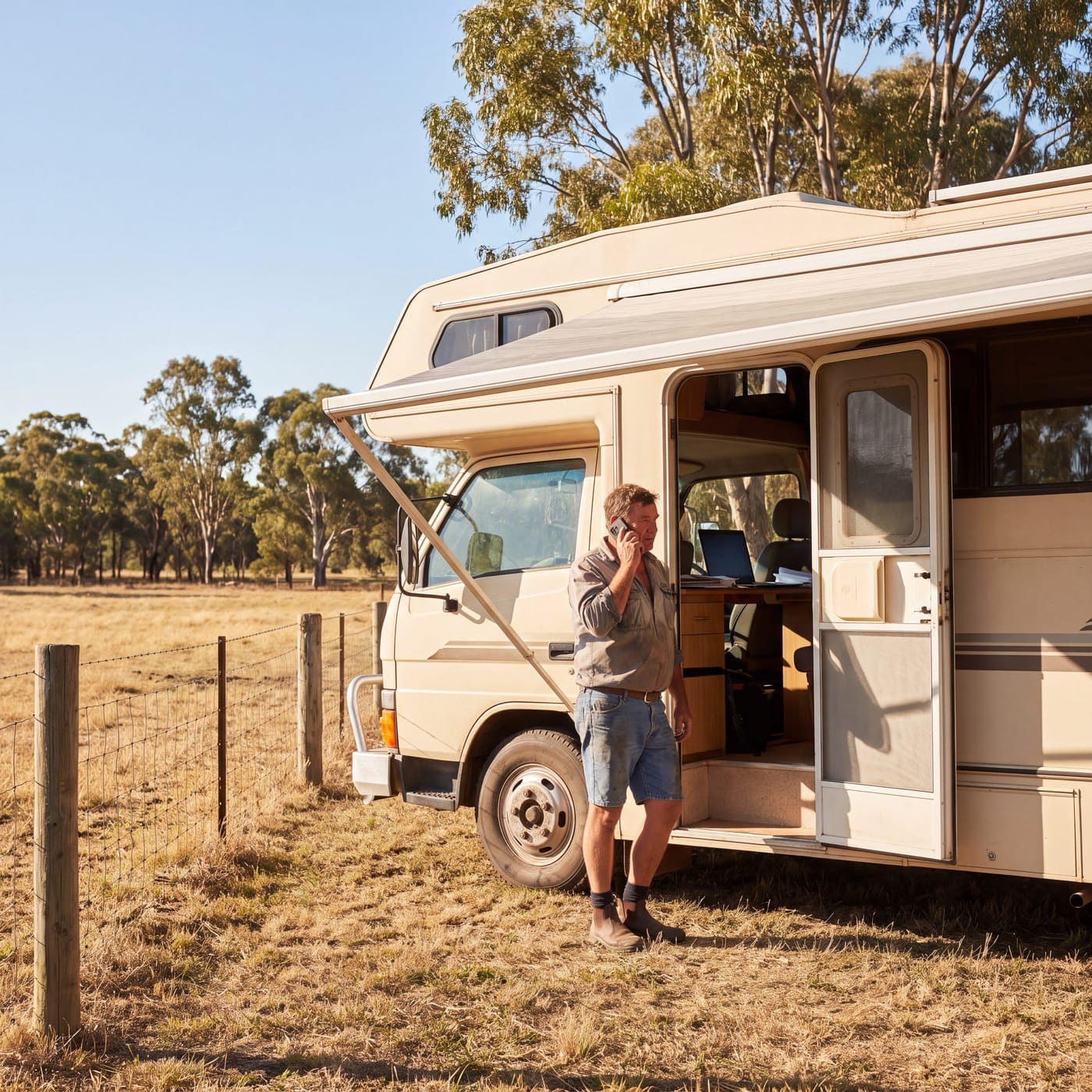 Man on the phone at the open door of a motorhome parked beside a paddock