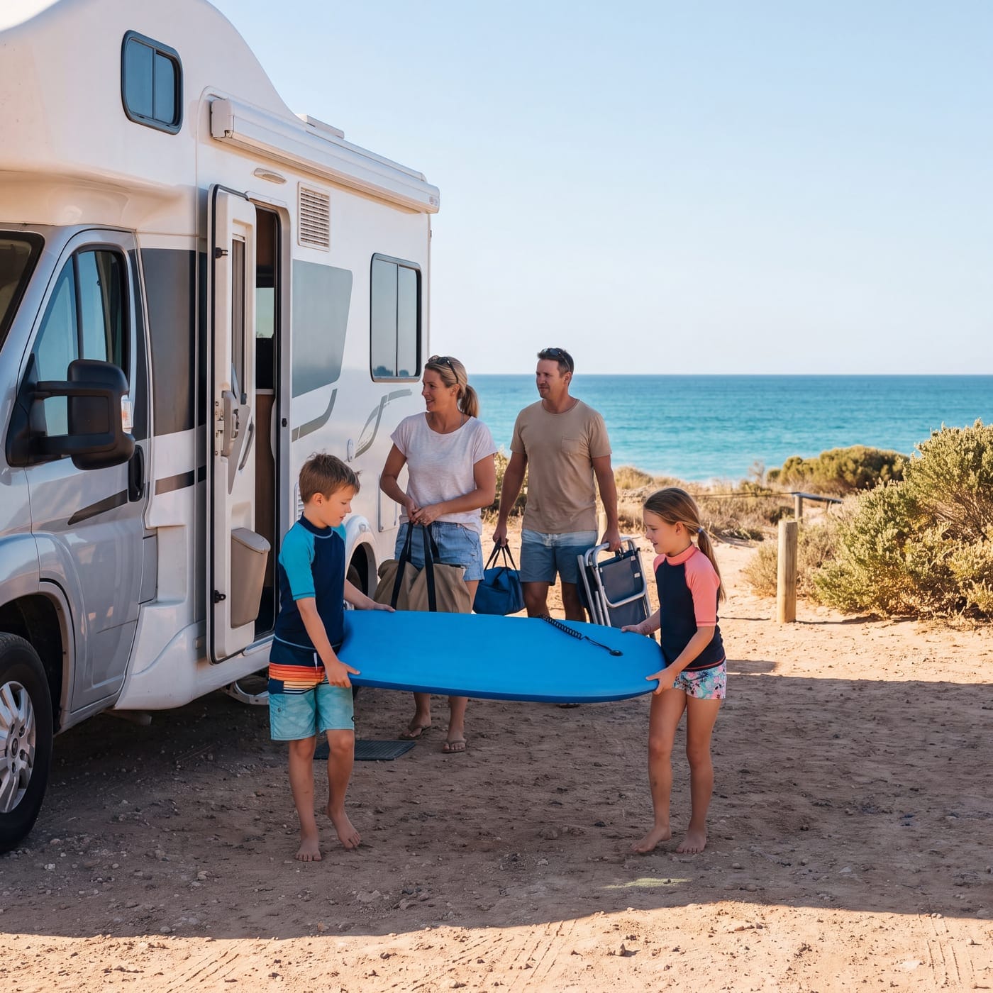 Family unloading a paddleboard from a motorhome at the beach
