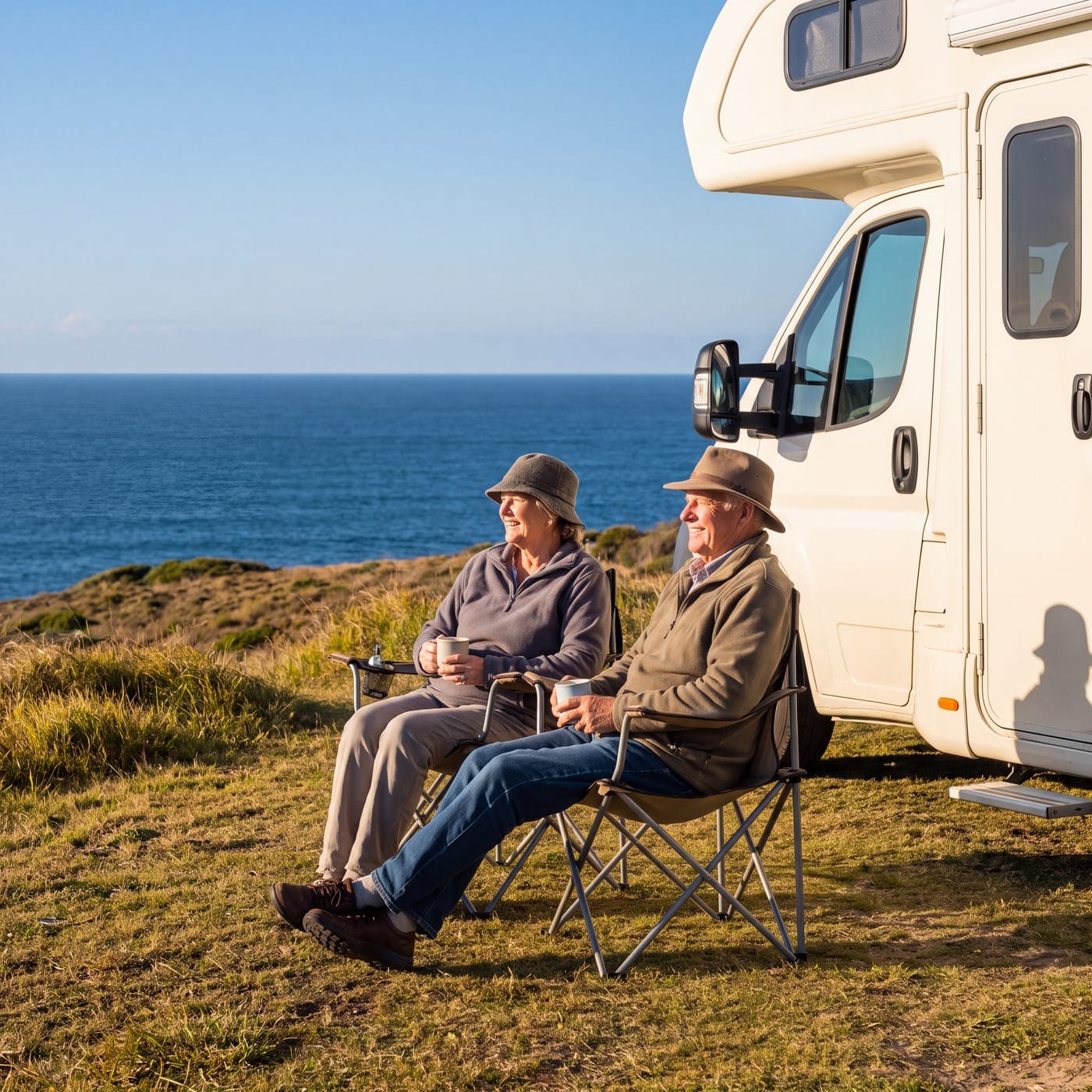 Older couple in camp chairs beside a motorhome on a clifftop overlooking the sea