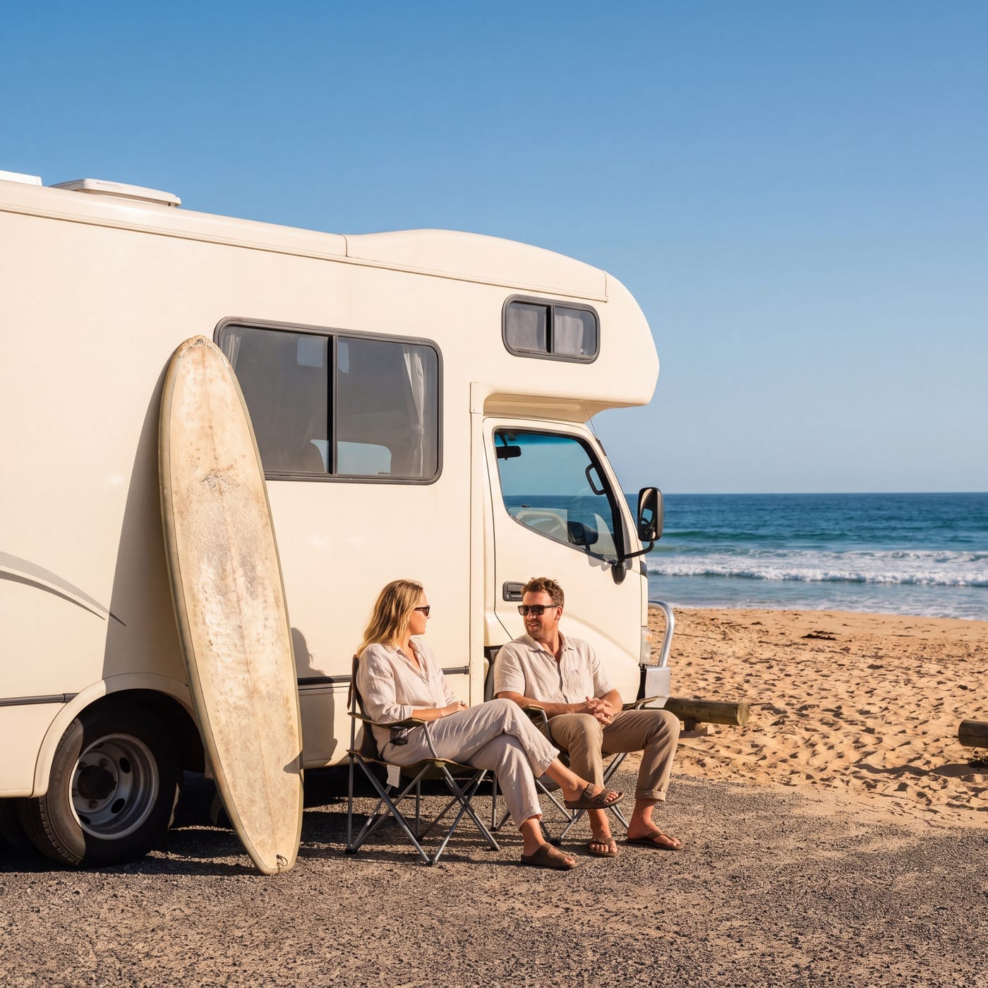 Couple relaxing beside a motorhome with a surfboard leaning against it at the beach