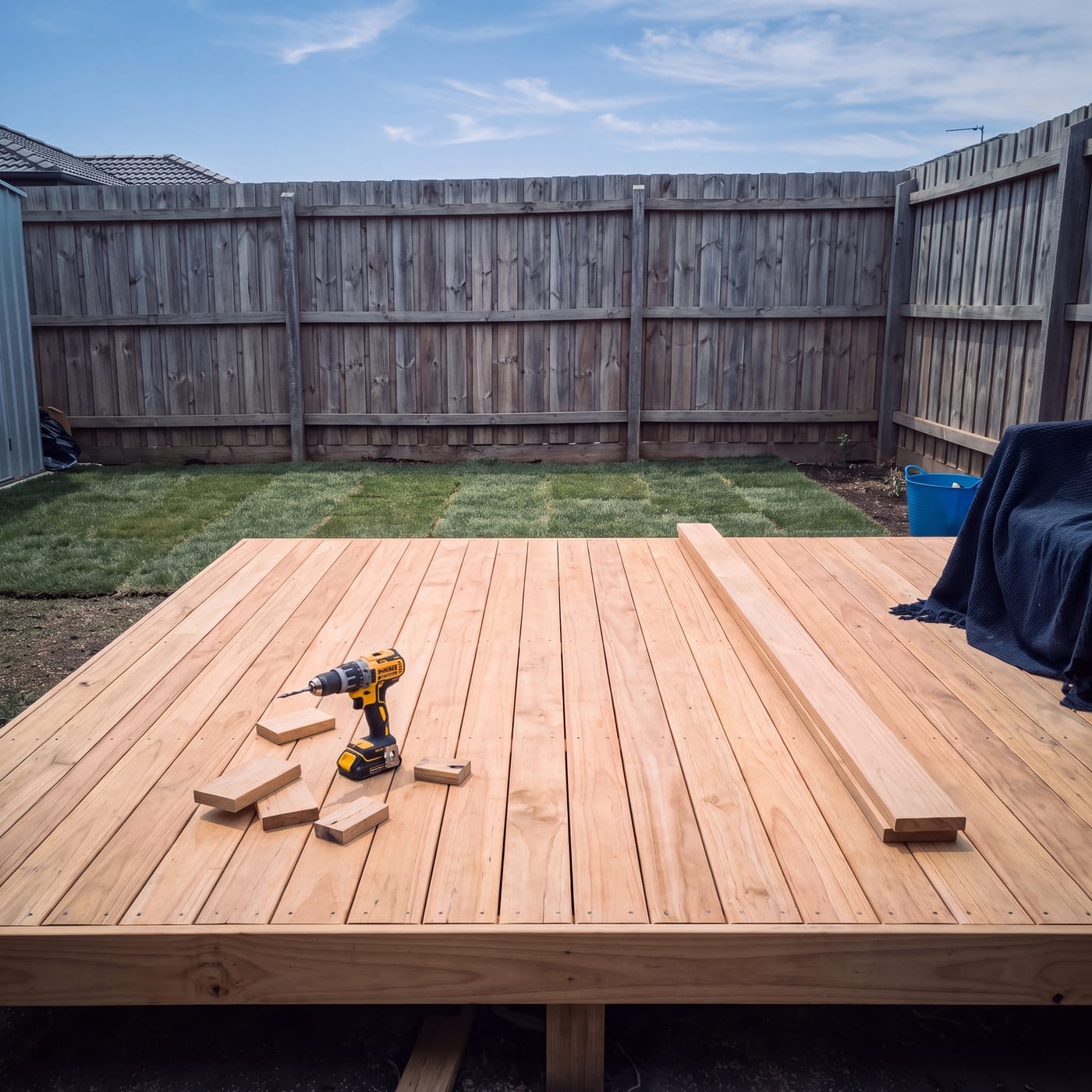 Part-built timber deck in a backyard with a cordless drill and offcuts