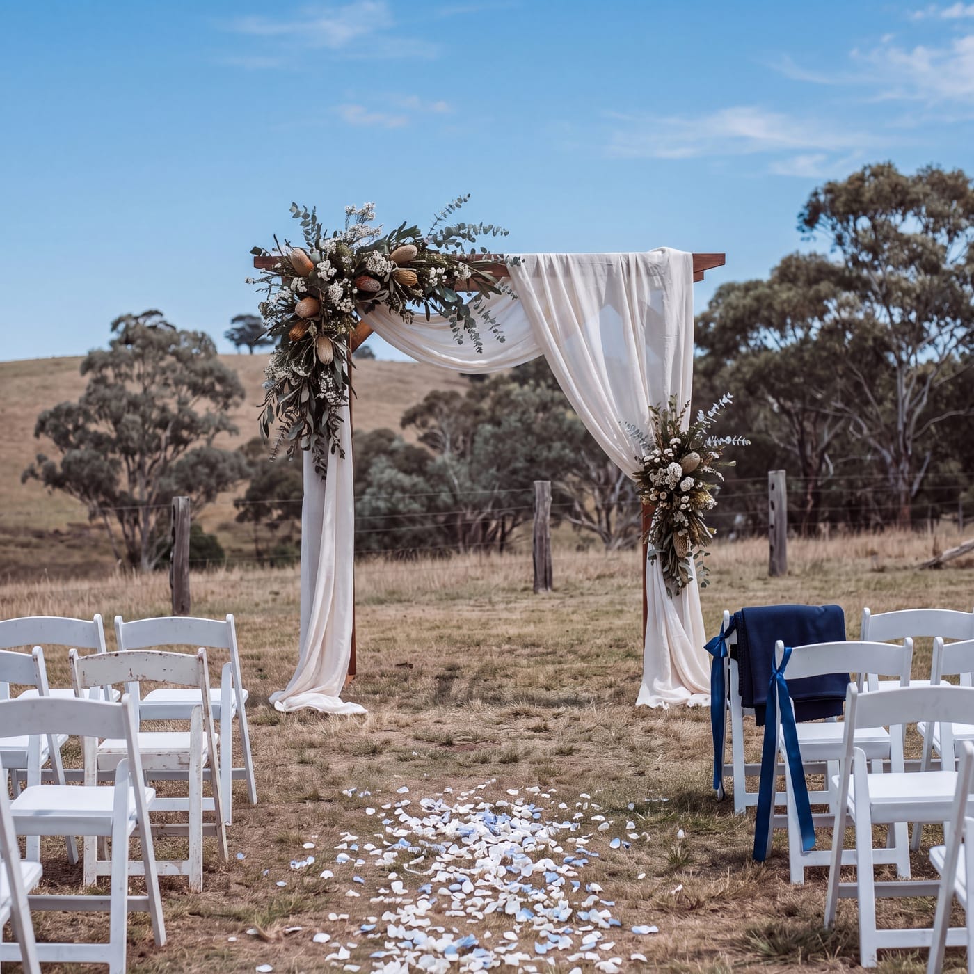Floral wedding arch and rows of white chairs set up in a paddock